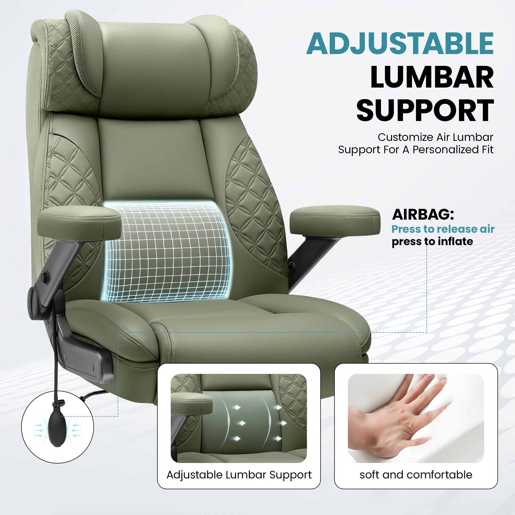 KERDOM Big Tall Ergonomic Office Chair with Air-Pumb Lumbar Support, 500lbs Capacity Executive Desk Chair for Heavy People, Manager Boss Wide Seat Computer Chair, PU Leather High Back Gaming Chair with 5D Adjustable Flip Armrests, Recline Function