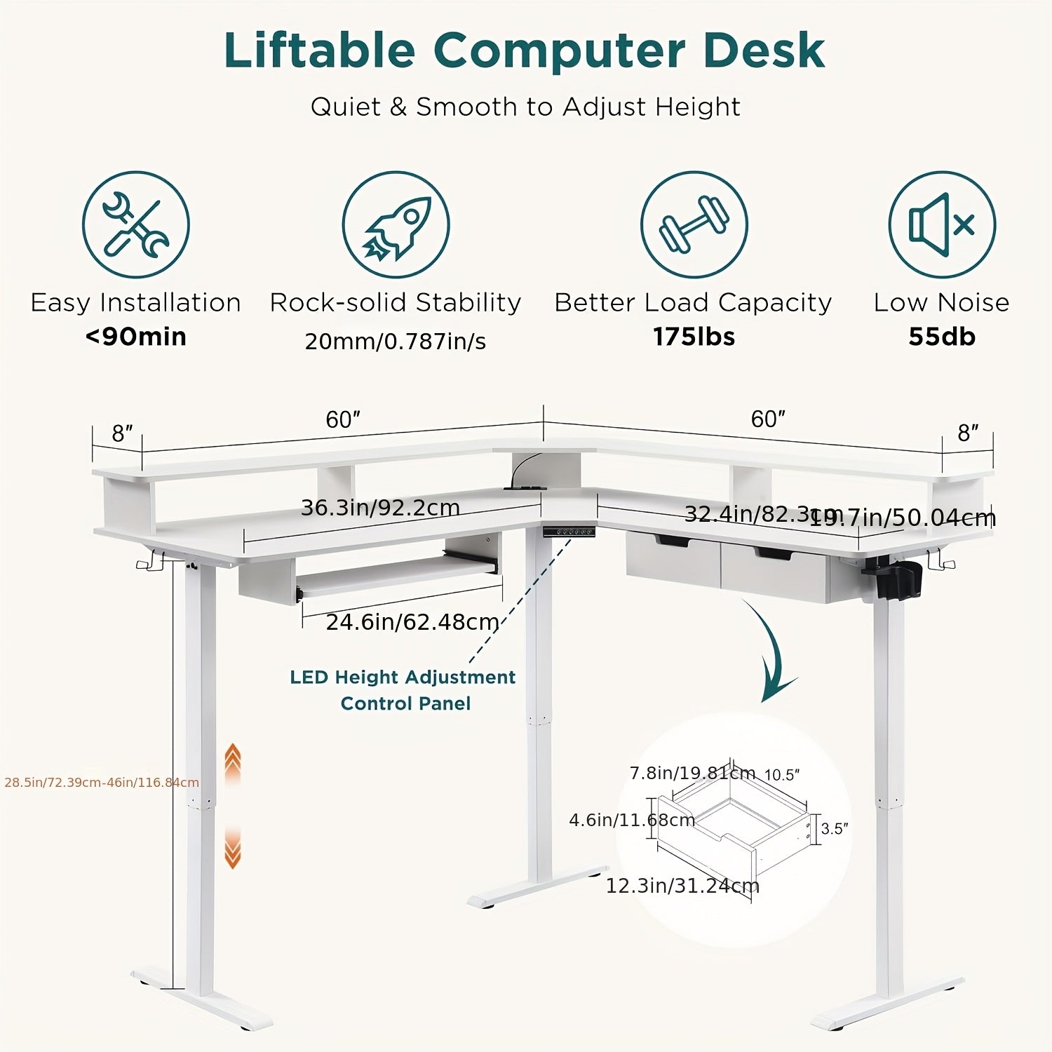 This Height-adjustable L-shaped Electric Standing Desk Measures 60 Inches, Perfect For Gaming Or Office Work. It Features Convenient Drawers, Built-in Power Outlets, LED Lighting, And A Monitor Shelf For Enhanced Functionality.