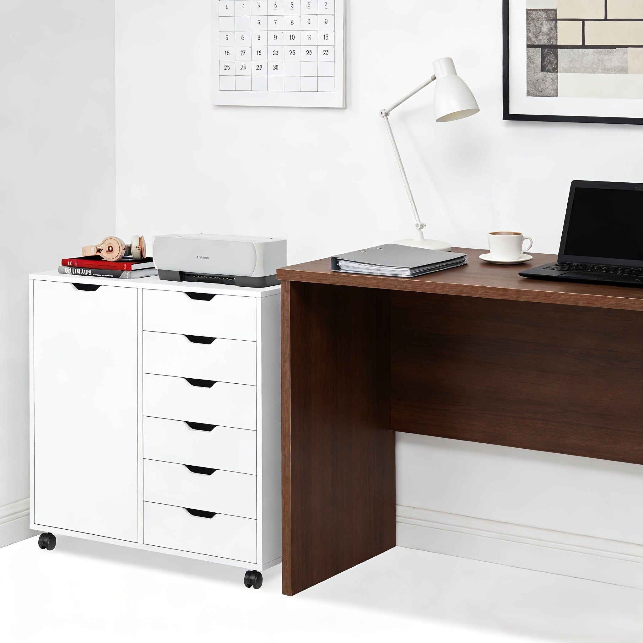 5-Drawer Wood File Cabinet with Wheels | Mobile Printer Stand with Adjustable Shelf & Storage Organizer for Home Office, Contemporary Style, Hardwood Material, OLIXIS Brand