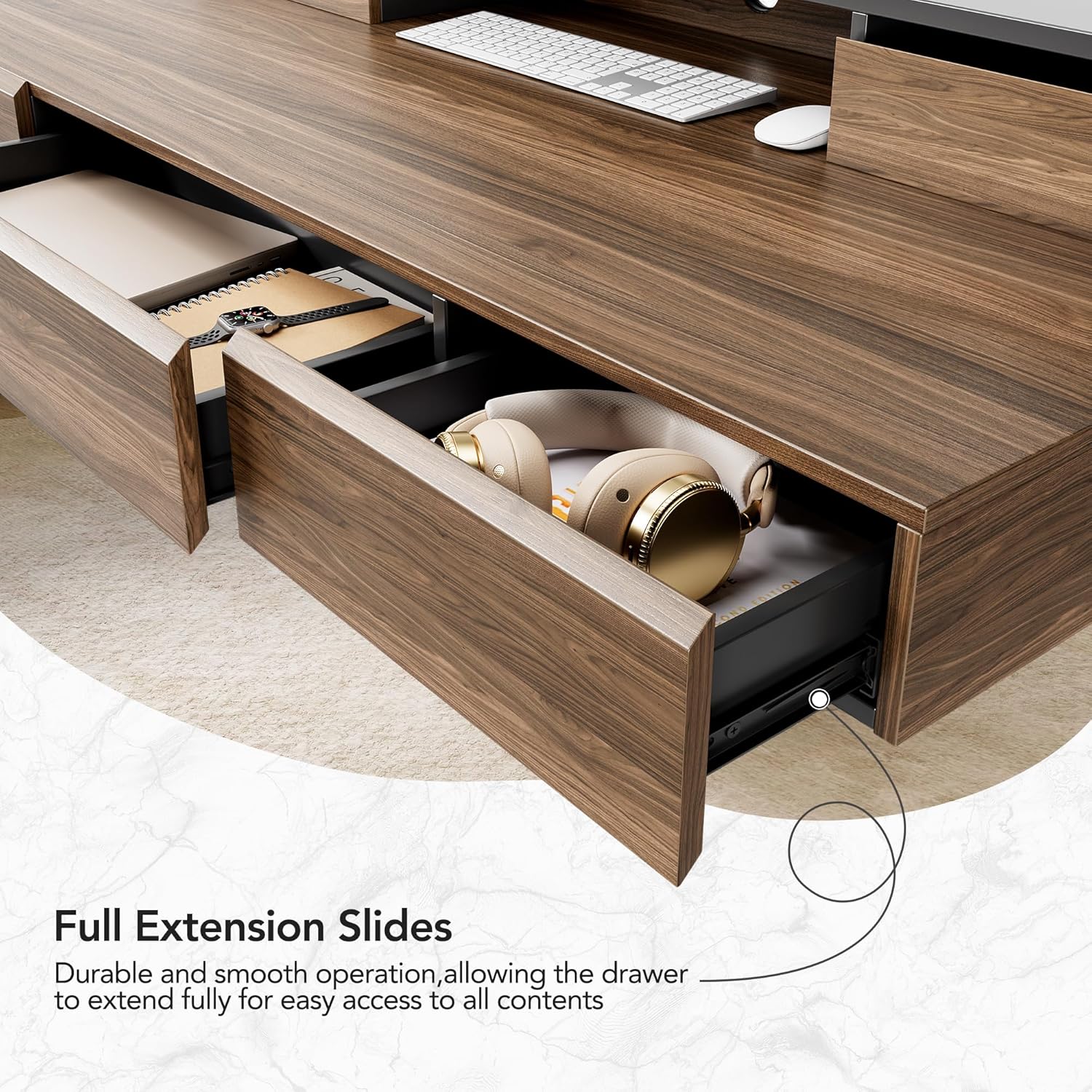 Electric Standing Desk with Drawers | 48 Inches Height Adjustable, Monitor Shelf, Whole-Piece Board, 4 Memory Height Settings, Classic Wood Color, PERLECARE