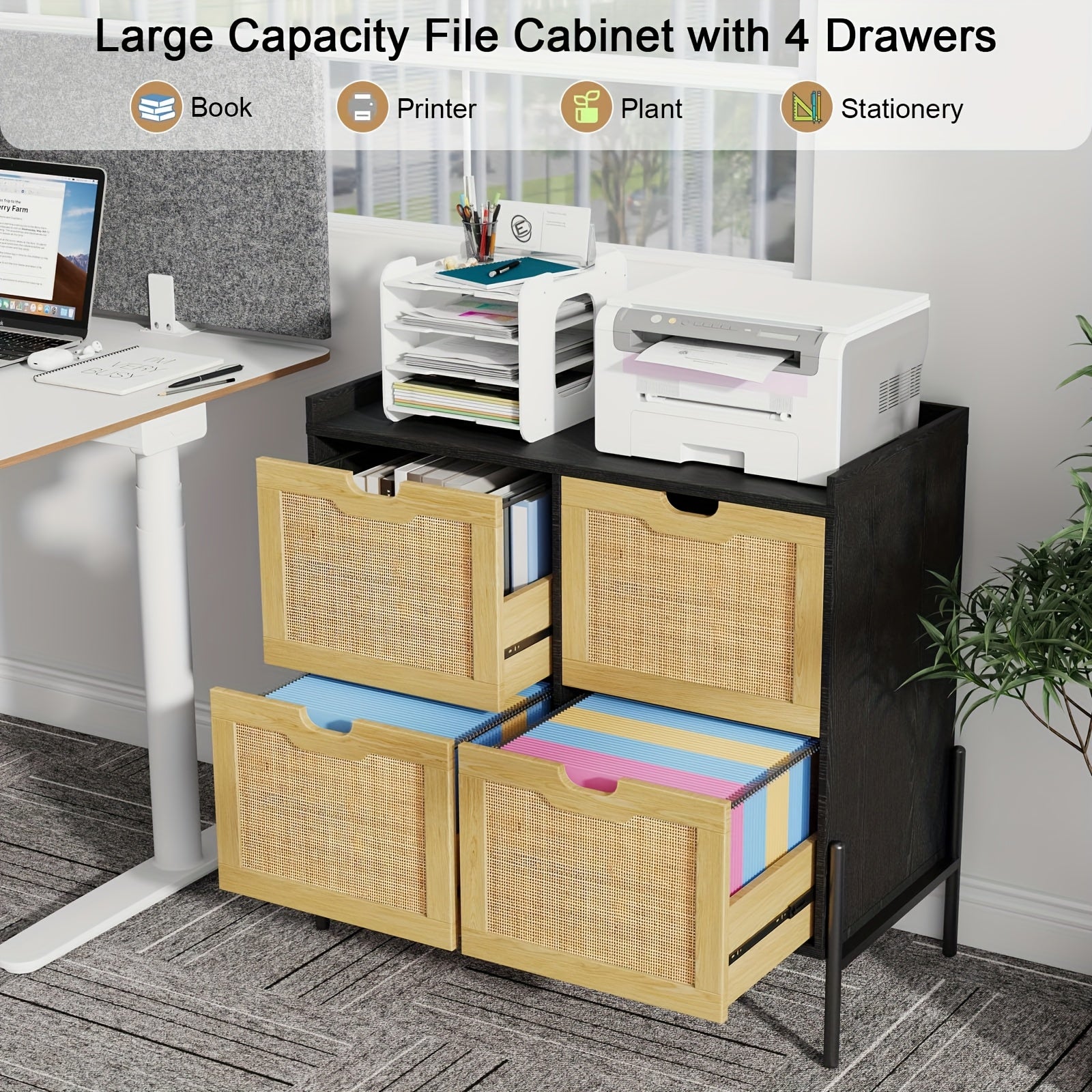 Contemporary Filing Cabinet Featuring Four Rattan Drawers, a Wooden Lateral Design Equipped with Hanging File Folders And Four Legs, Serving As a Rustic Storage Solution And Printer Stand for a for home Office