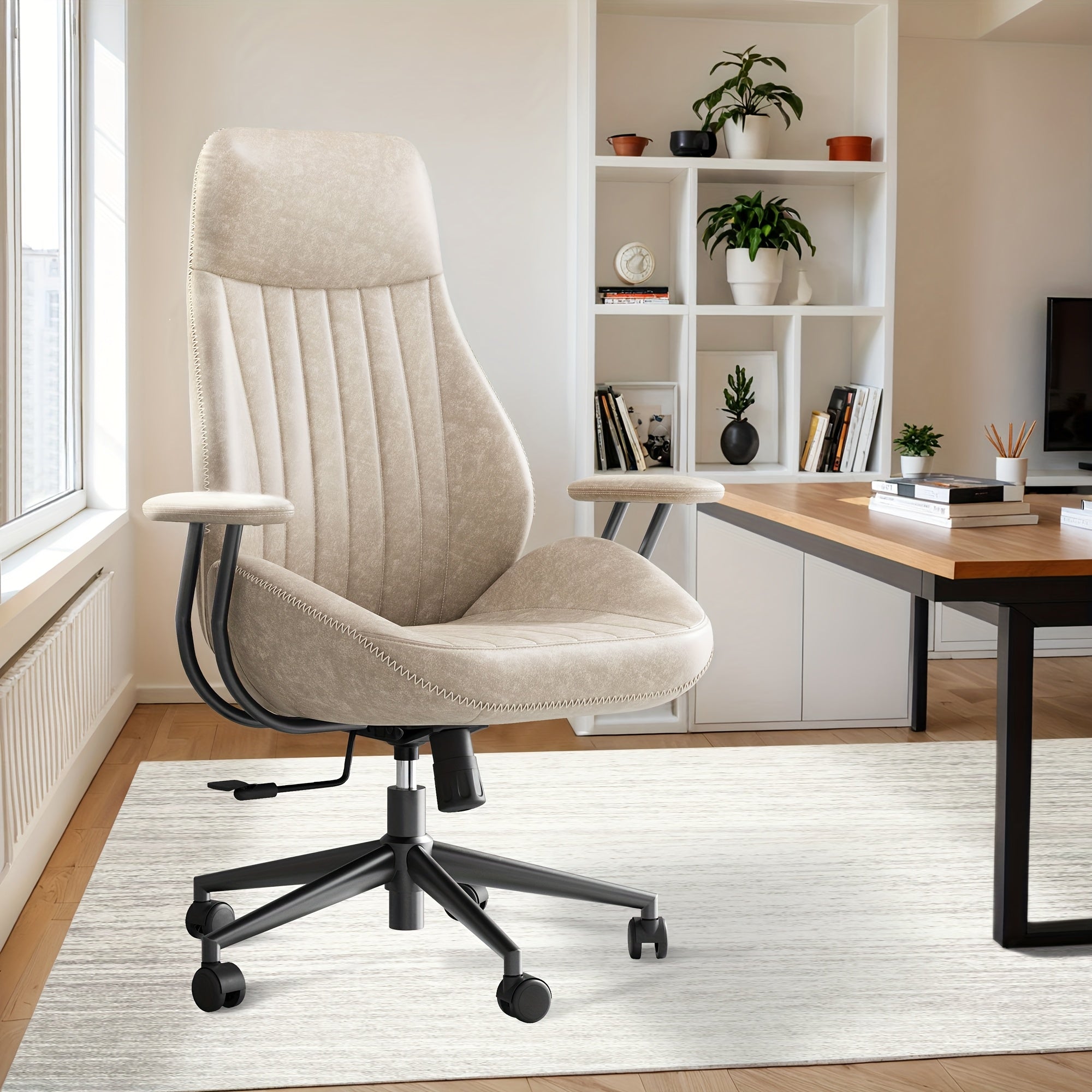 Ergonomic Office Chair with Adjustable Height, High Back Swivel Rolling Computer Chair for Home Office, Vintage Suede Fabric Executive Desk Chair with Comfortable Armrests and Lumbar Support