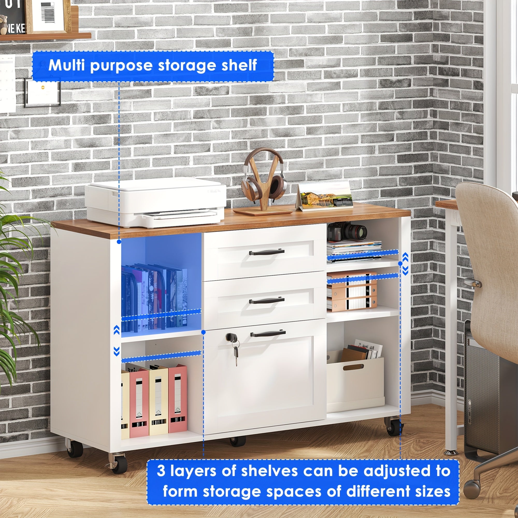 3 Drawer Wood Lateral File Cabinet with Lock, Rolling Mobile Filing Cabinet with Open Storage Shelves, Printer Stand Office Storage Cabinet for Home Office Fits Files Legal\u002FA4 Size