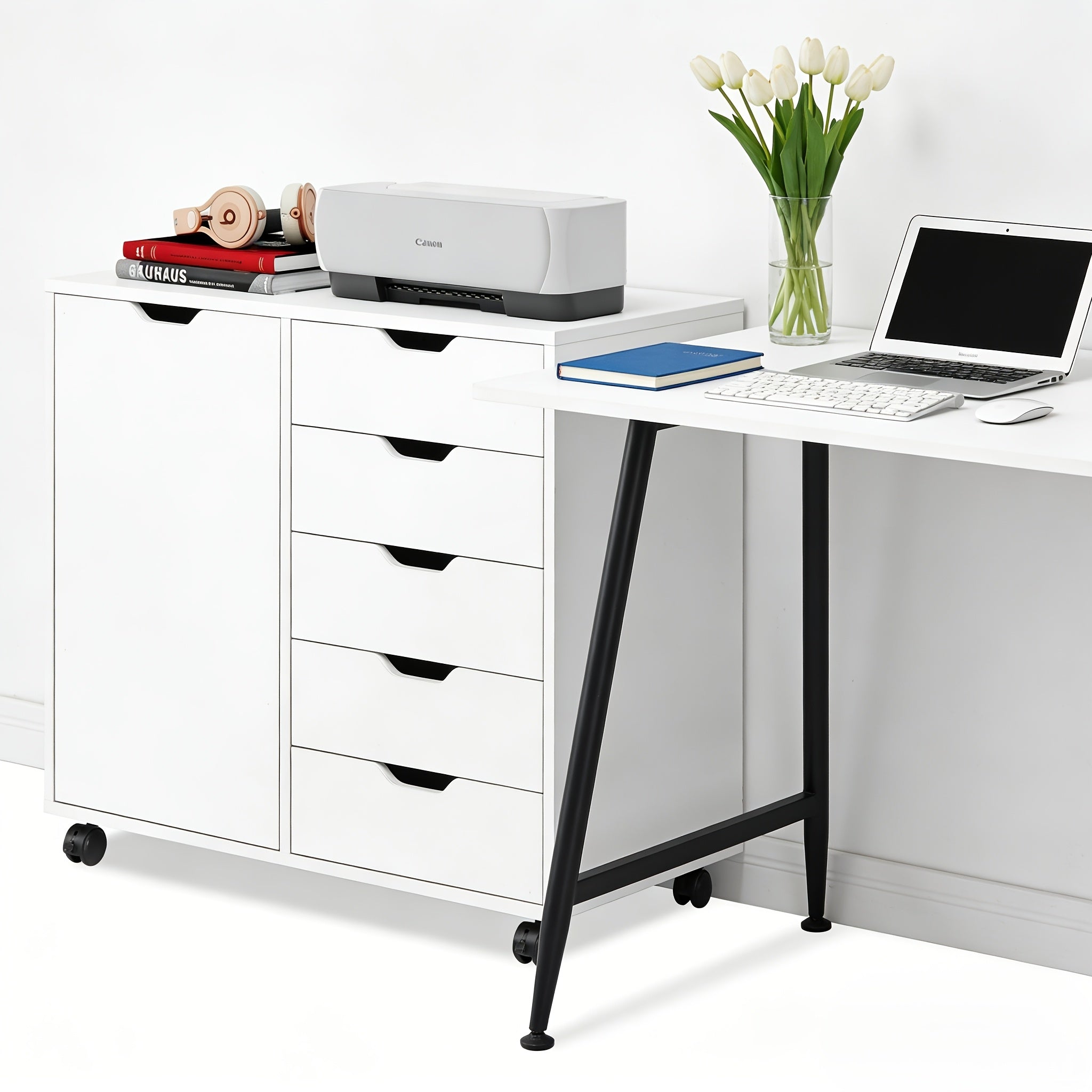 5-Drawer Wood File Cabinet with Wheels | Mobile Printer Stand with Adjustable Shelf & Storage Organizer for Home Office, Contemporary Style, Hardwood Material, OLIXIS Brand