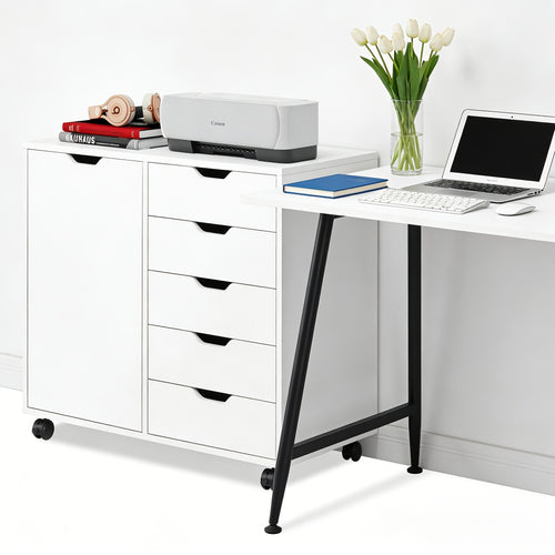 5-Drawer Wood File Cabinet with Wheels | Mobile Printer Stand with Adjustable Shelf & Storage Organizer for Home Office, Contemporary Style, Hardwood Material, OLIXIS Brand