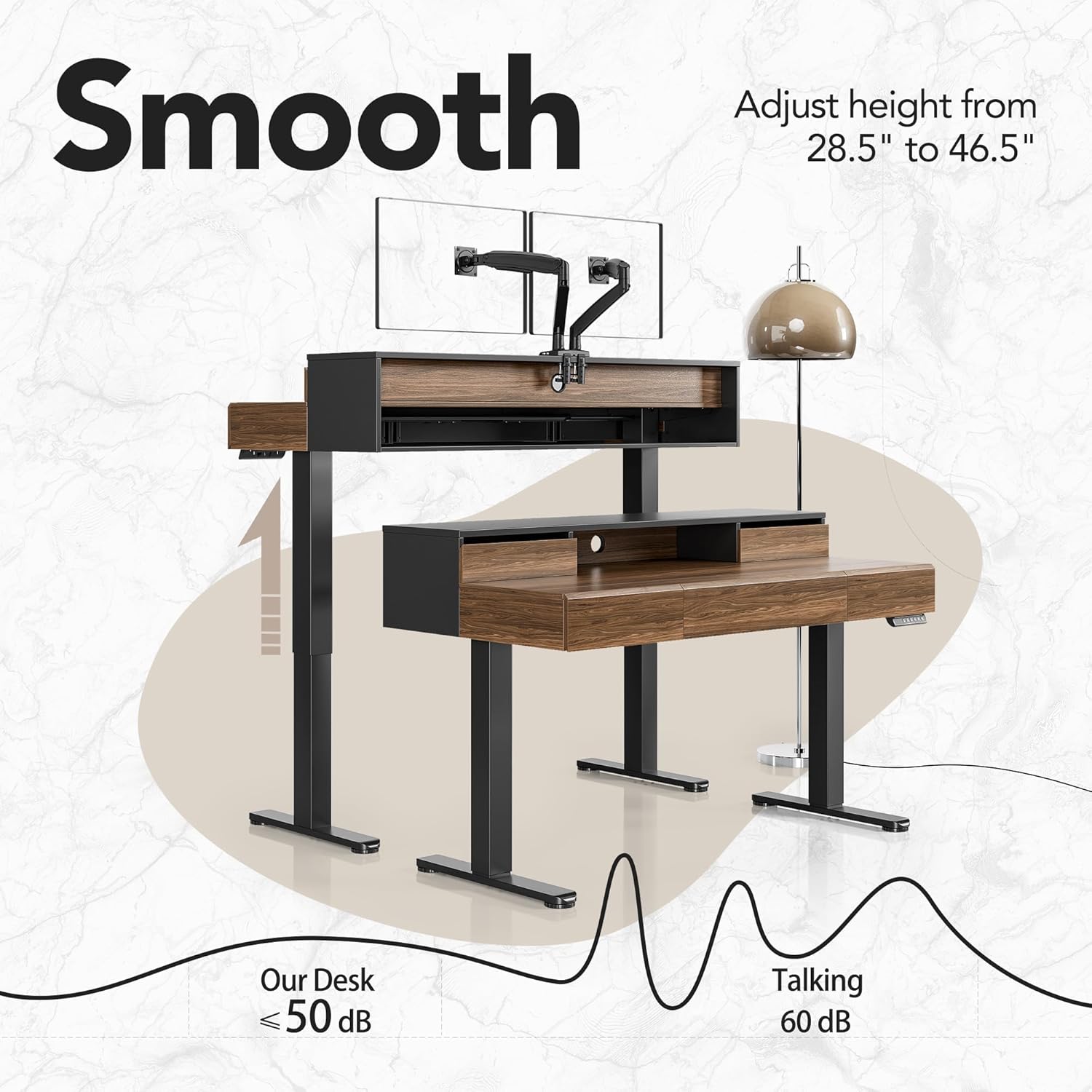Electric Standing Desk with Drawers | 48 Inches Height Adjustable, Monitor Shelf, Whole-Piece Board, 4 Memory Height Settings, Classic Wood Color, PERLECARE
