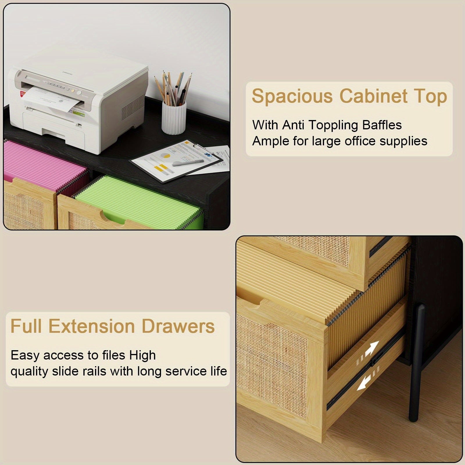 Contemporary Filing Cabinet Featuring Four Rattan Drawers, a Wooden Lateral Design Equipped with Hanging File Folders And Four Legs, Serving As a Rustic Storage Solution And Printer Stand for a for home Office