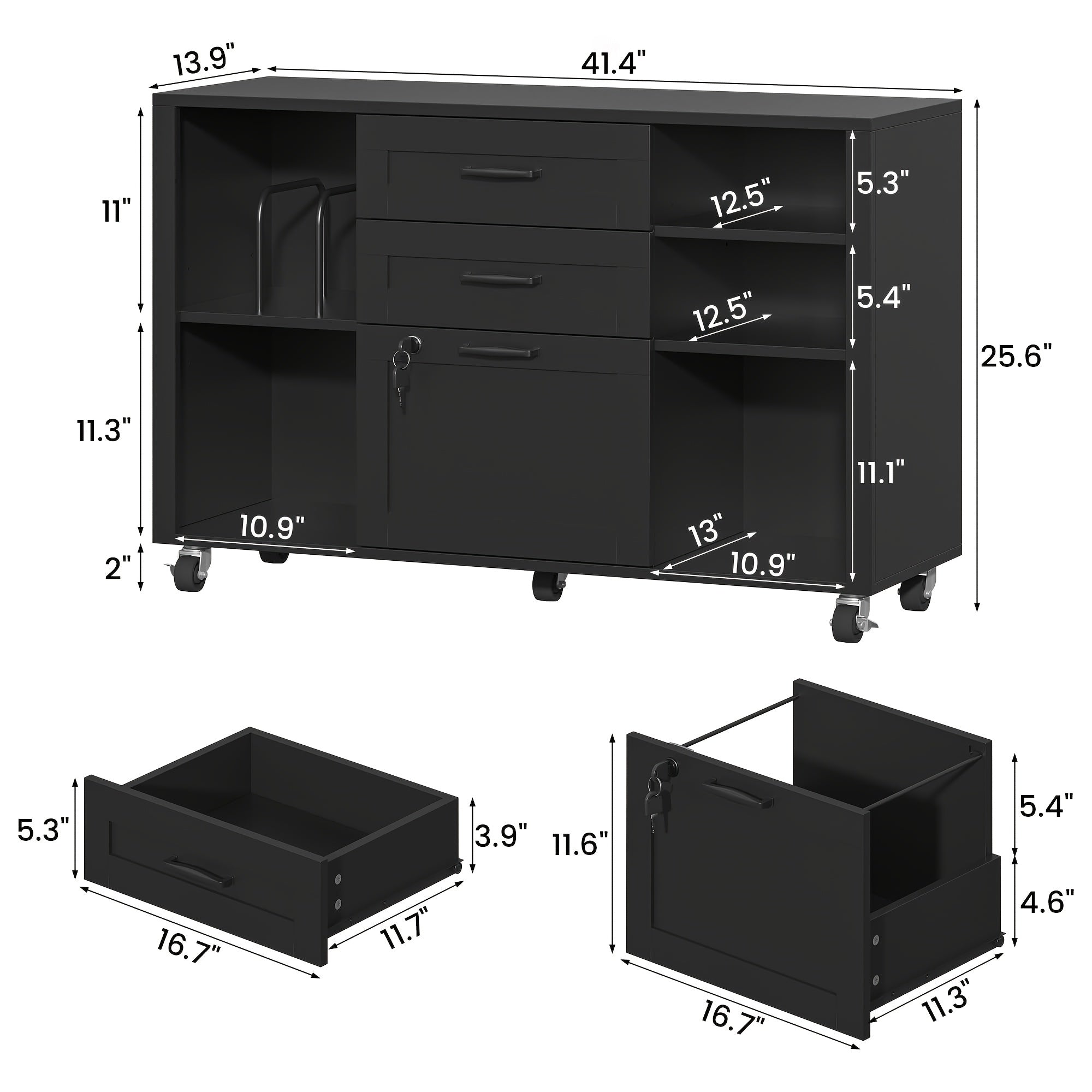 Mobile Filing Cabinet on Wheels Featuring Open Storage Shelves, a Wooden Lateral File Cabinet with Three Drawers And a Lock, And a Printer Stand Designed for Home Office Use, Accommodating Legal And A4 Size Files