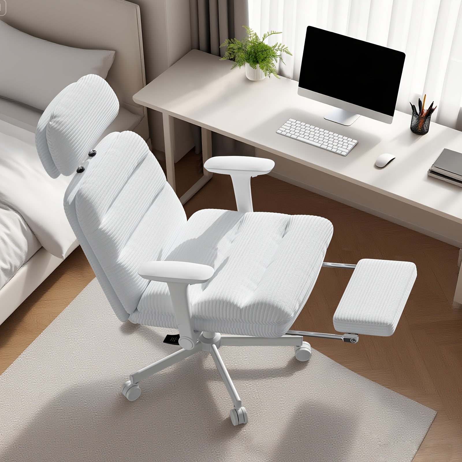 Ergonomic Swivel Office Chair with a High Back, Made of Corduroy, Featuring an Adjustable Headrest, 4D Armrests, a Tilting Backrest, And a Retractable Footrest, Ideal for Home Office Tasks