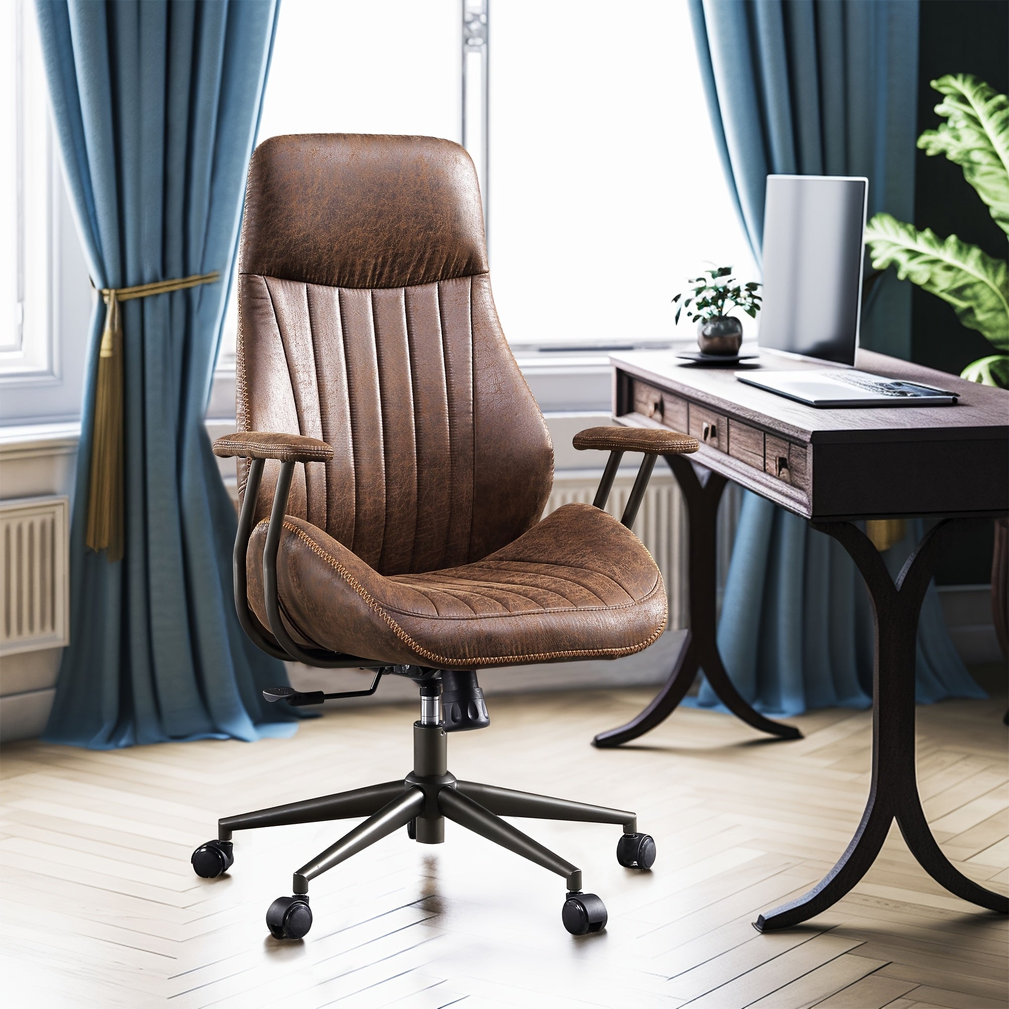 Ergonomic Office Chair with Adjustable Height, High Back Swivel Rolling Computer Chair for Home Office, Vintage Suede Fabric Executive Desk Chair with Comfortable Armrests and Lumbar Support