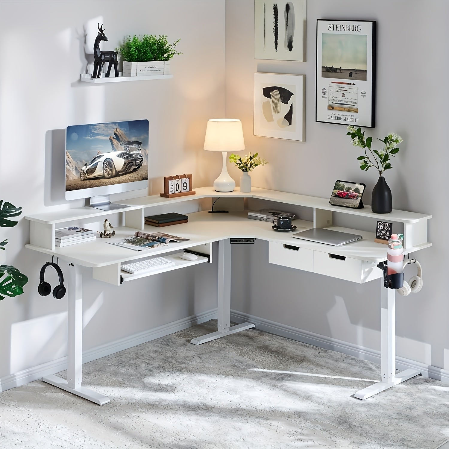 This Height-adjustable L-shaped Electric Standing Desk Measures 60 Inches, Perfect For Gaming Or Office Work. It Features Convenient Drawers, Built-in Power Outlets, LED Lighting, And A Monitor Shelf For Enhanced Functionality.