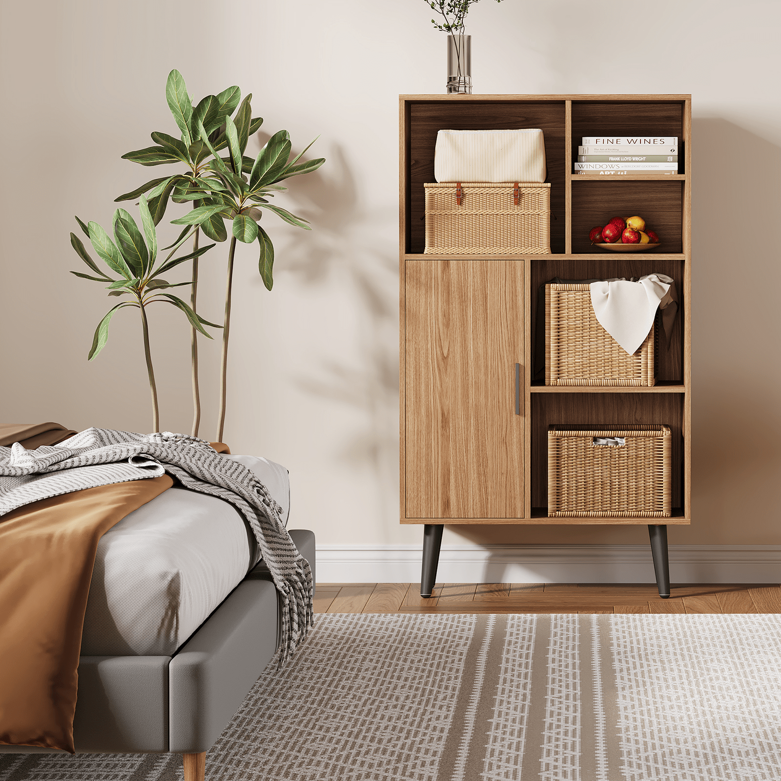 Storage Cabinets, 4-Tier Mid-Century Walnut Wood Bookcase with Legs and Door - Compact Freestanding Organizer for Living Room, Bedroom, and Home Office Storage, Durable Storage Cabinet for Bedroom, Living Room, or Entryway Home Decor Room Decor