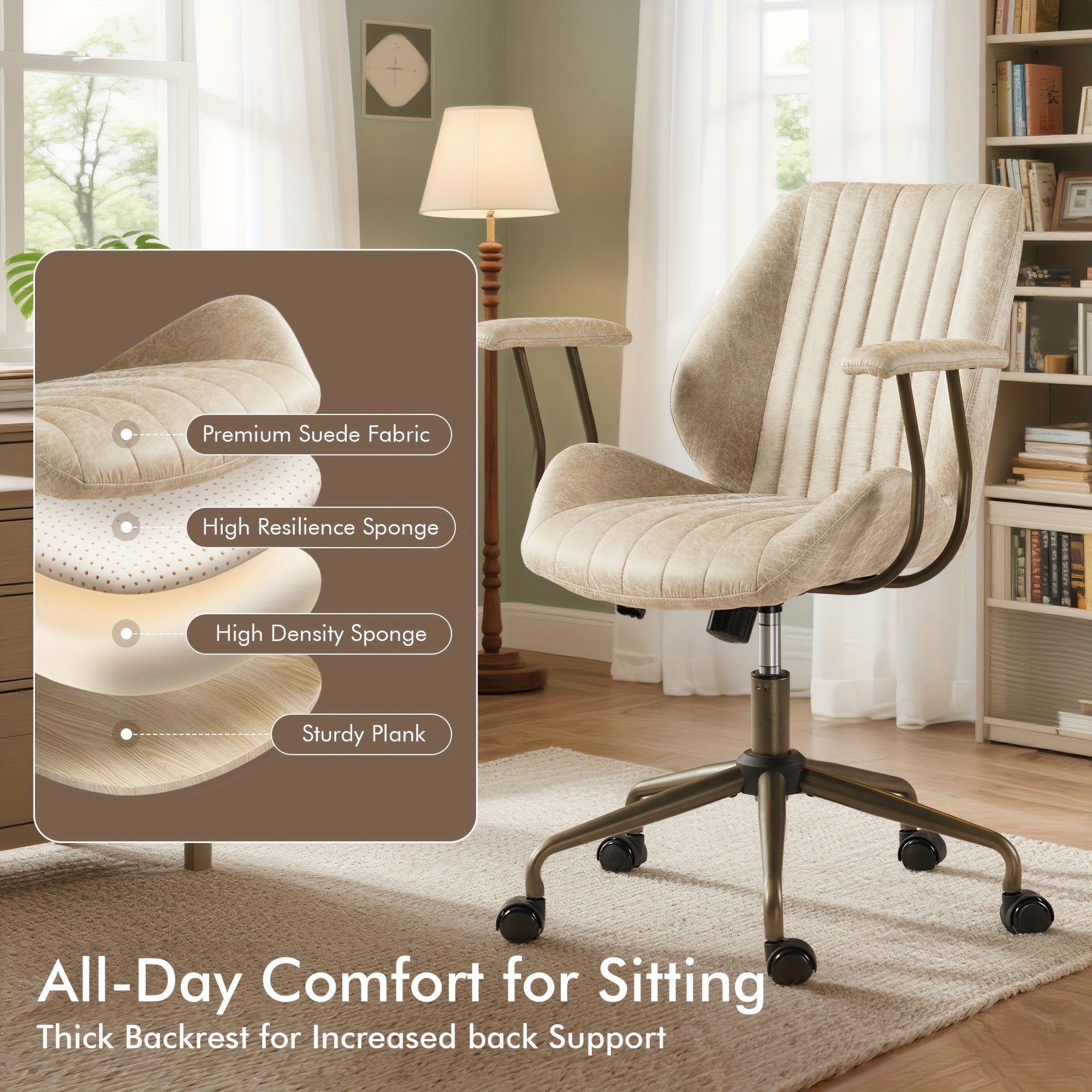 High-Quality Vintage Suede Upholstered Chair for Home Office, Designed for Ergonomic Support And All-Day Comfort with Adjustable Height, Rotating Base, And Lumbar Support, Ideal for Bedroom And Office Use