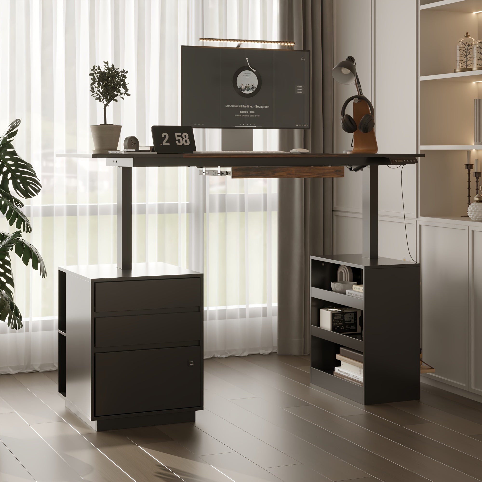 63-Inch Wide Electric Lift Desk Featuring Three Drawers And Open Shelving, Height Adjustable, Contemporary Office Desk with a Large Tabletop, Suitable for Computers And Executive Corner Use, Stylish Black Design