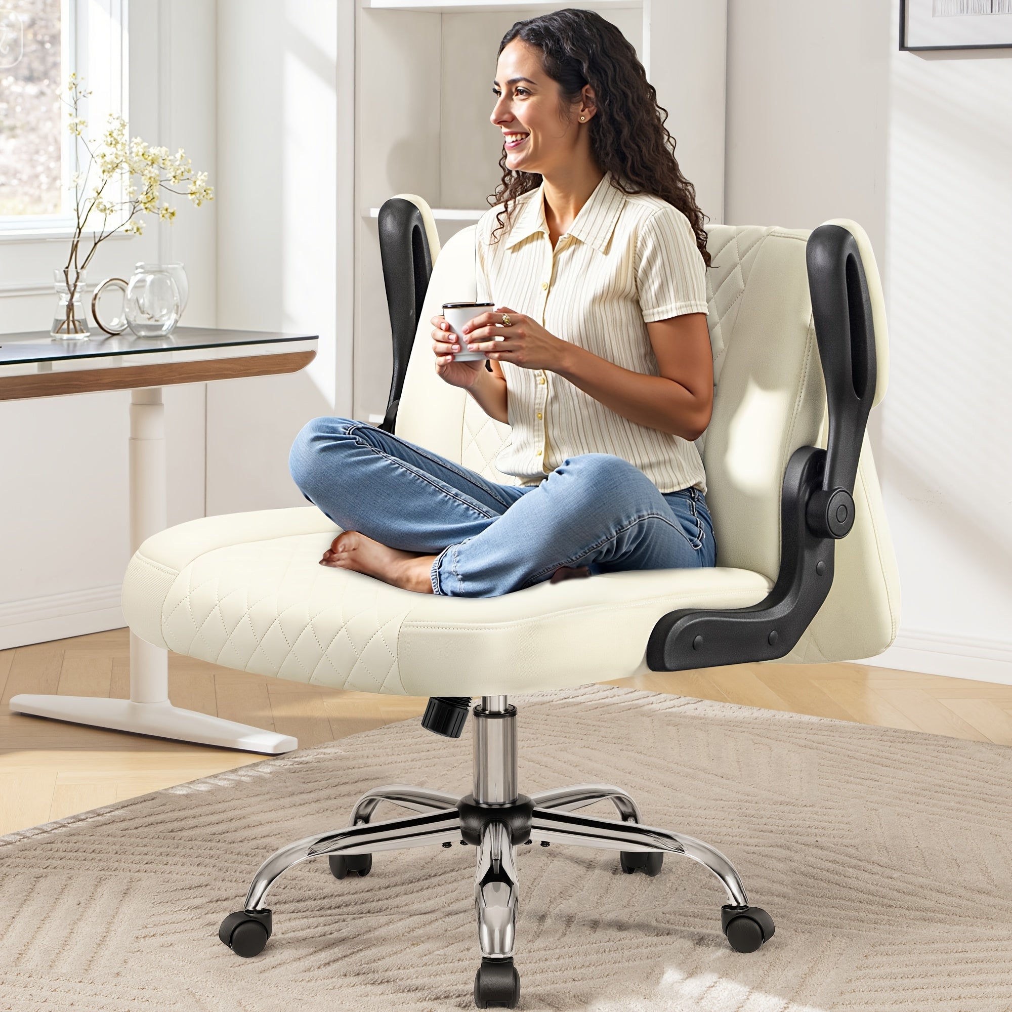 Kerdom'S Innovative Office Chair Features a 3-In-1 Design with a Flip Backrest, Made from Faux Leather. This Ergonomic Chair Is Adjustable in Height, Tilts, And Swivels, Making It Suitable for Home Offices. It Includes Flip-Up Arms
