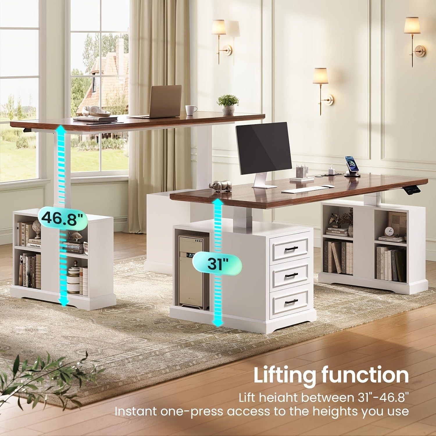 Standing Executive Desk with Storage, Large 1pc Electric Height Adjustable Stand Up Desk with Charging Station, File Cabinet Storage, Home and Office, White