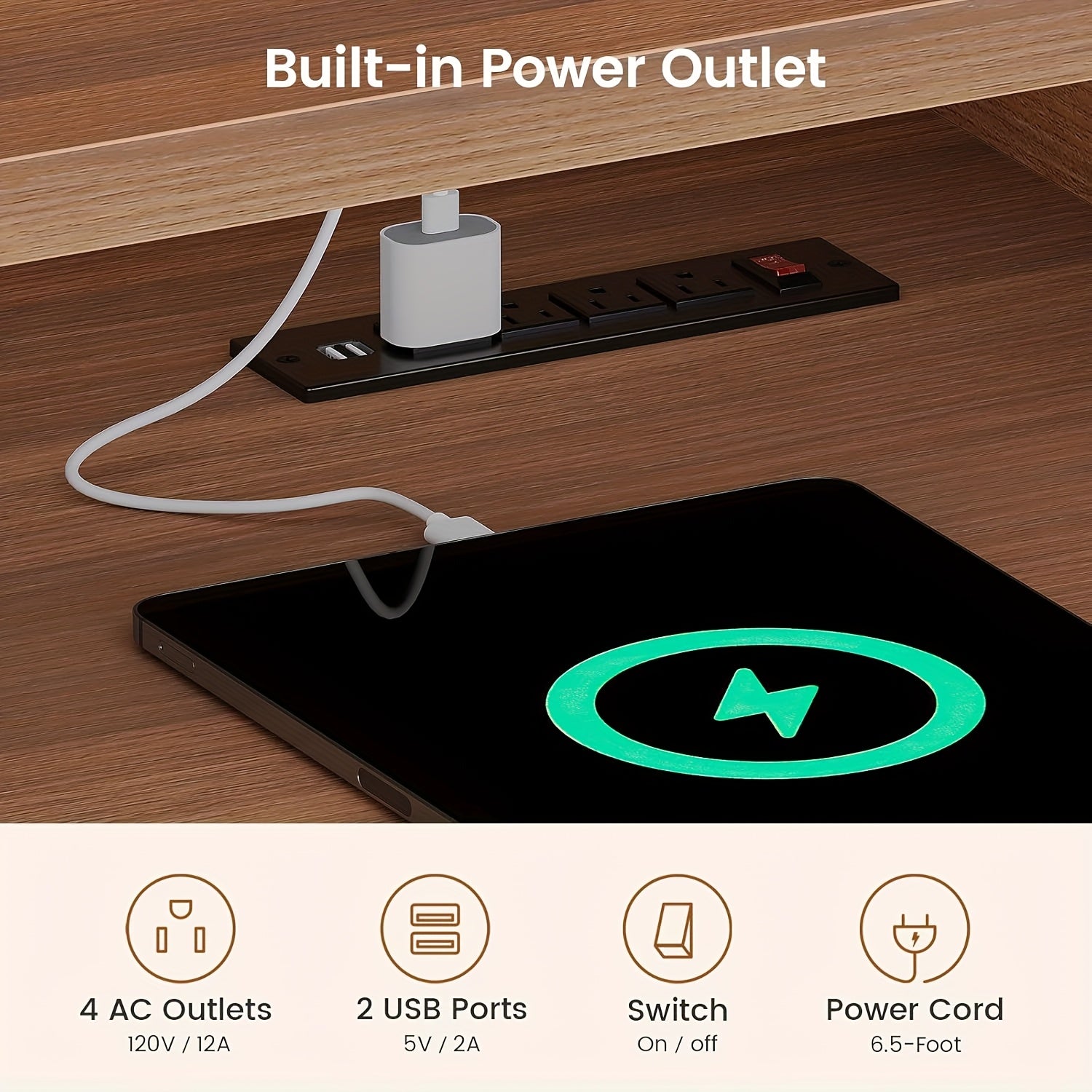 Height Adjustable Standing Desk with (No Wood) - 55” Modern Farmhouse Home Office Computer Desk, Built-in Power Outlets (4-Port Station &), LED & Monitor\u002FLaptop Shelf, White\u002FBrown, Memory Presets,