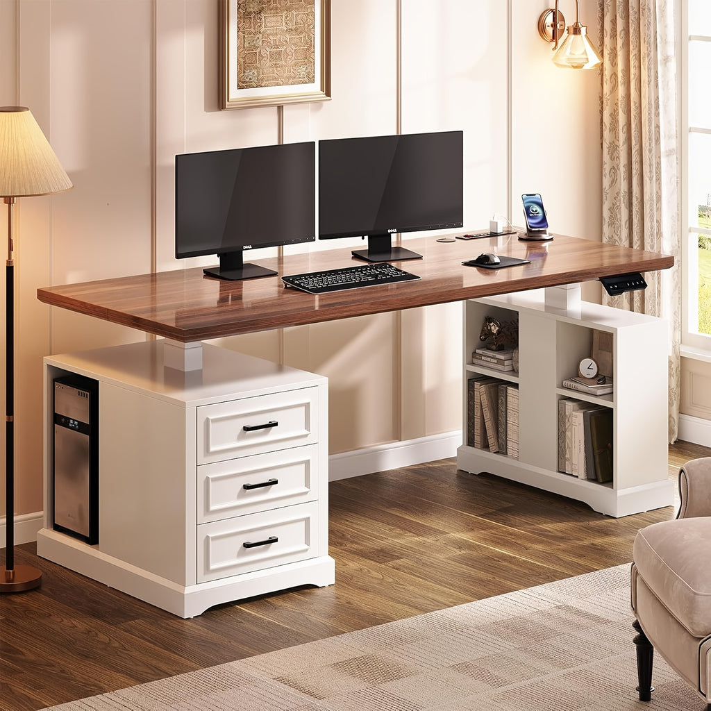 Standing Executive Desk with Storage, Large 1pc Electric Height Adjustable Stand Up Desk with Charging Station, File Cabinet Storage, Home and Office, White
