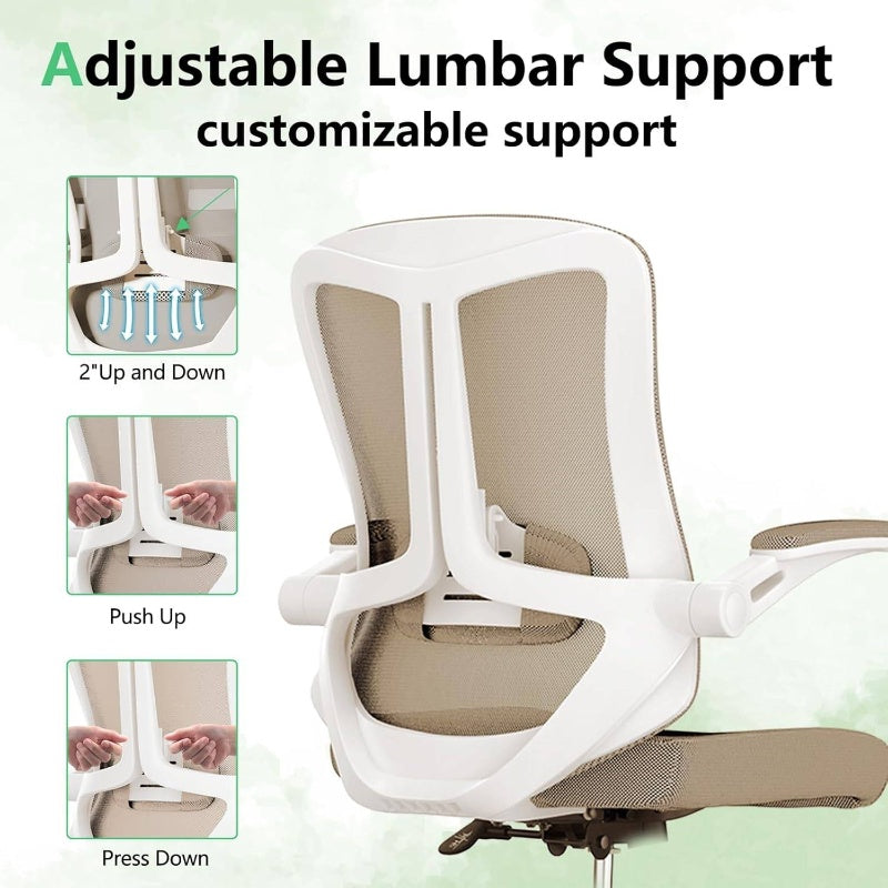 Ergonomic Office Chair with Lumbar Support, High Back Mesh Desk Chair with Flip - Up Arms, Adjustable Computer Task Chair, Khaki
