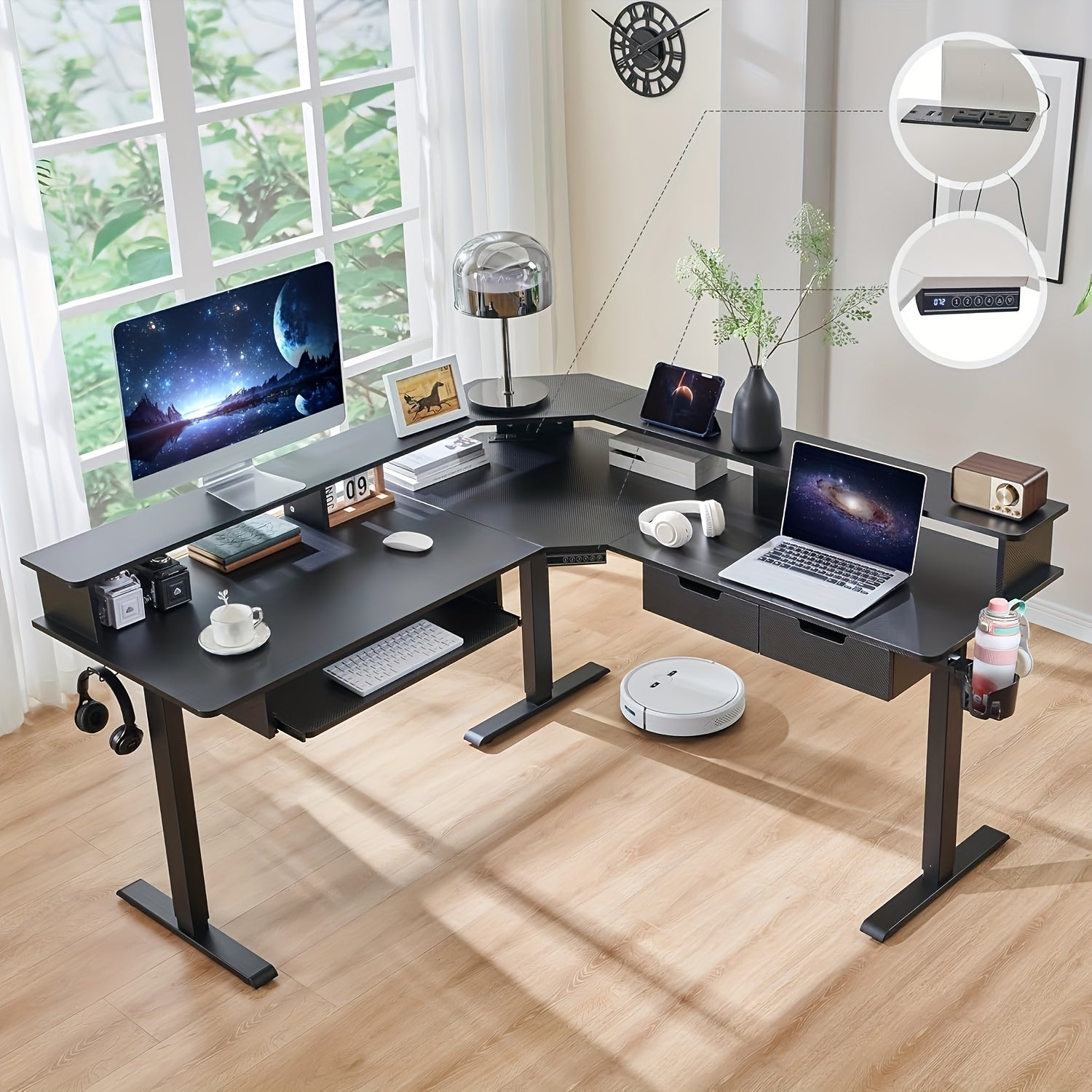 This Height-adjustable L-shaped Electric Standing Desk Measures 60 Inches, Perfect For Gaming Or Office Work. It Features Convenient Drawers, Built-in Power Outlets, LED Lighting, And A Monitor Shelf For Enhanced Functionality.