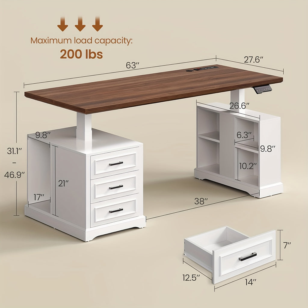 Standing Executive Desk with Storage, Large 1pc Electric Height Adjustable Stand Up Desk with Charging Station, File Cabinet Storage, Home and Office, White
