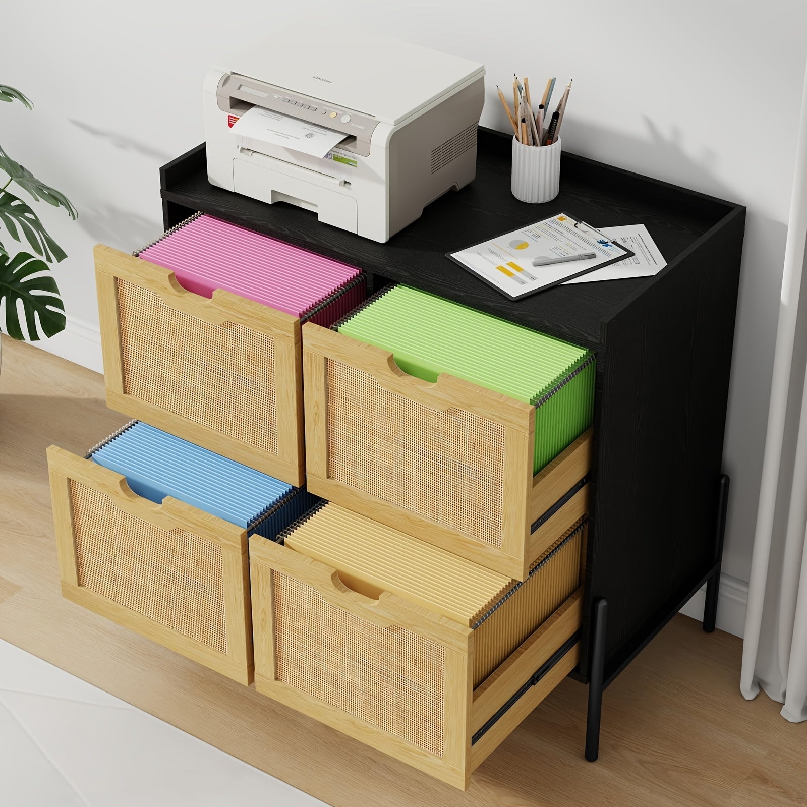 Contemporary Filing Cabinet Featuring Four Rattan Drawers, a Wooden Lateral Design Equipped with Hanging File Folders And Four Legs, Serving As a Rustic Storage Solution And Printer Stand for a for home Office