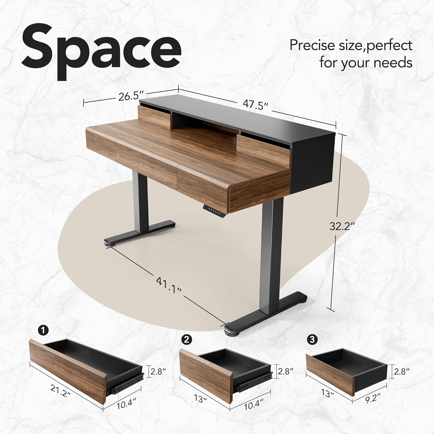 Electric Standing Desk with Drawers | 48 Inches Height Adjustable, Monitor Shelf, Whole-Piece Board, 4 Memory Height Settings, Classic Wood Color, PERLECARE