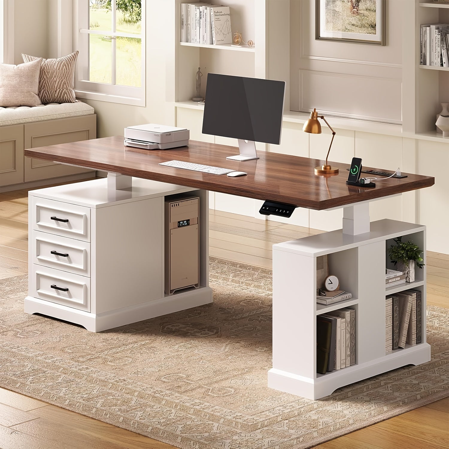 Standing Executive Desk with Storage, Large 1pc Electric Height Adjustable Stand Up Desk with Charging Station, File Cabinet Storage, Home and Office, White