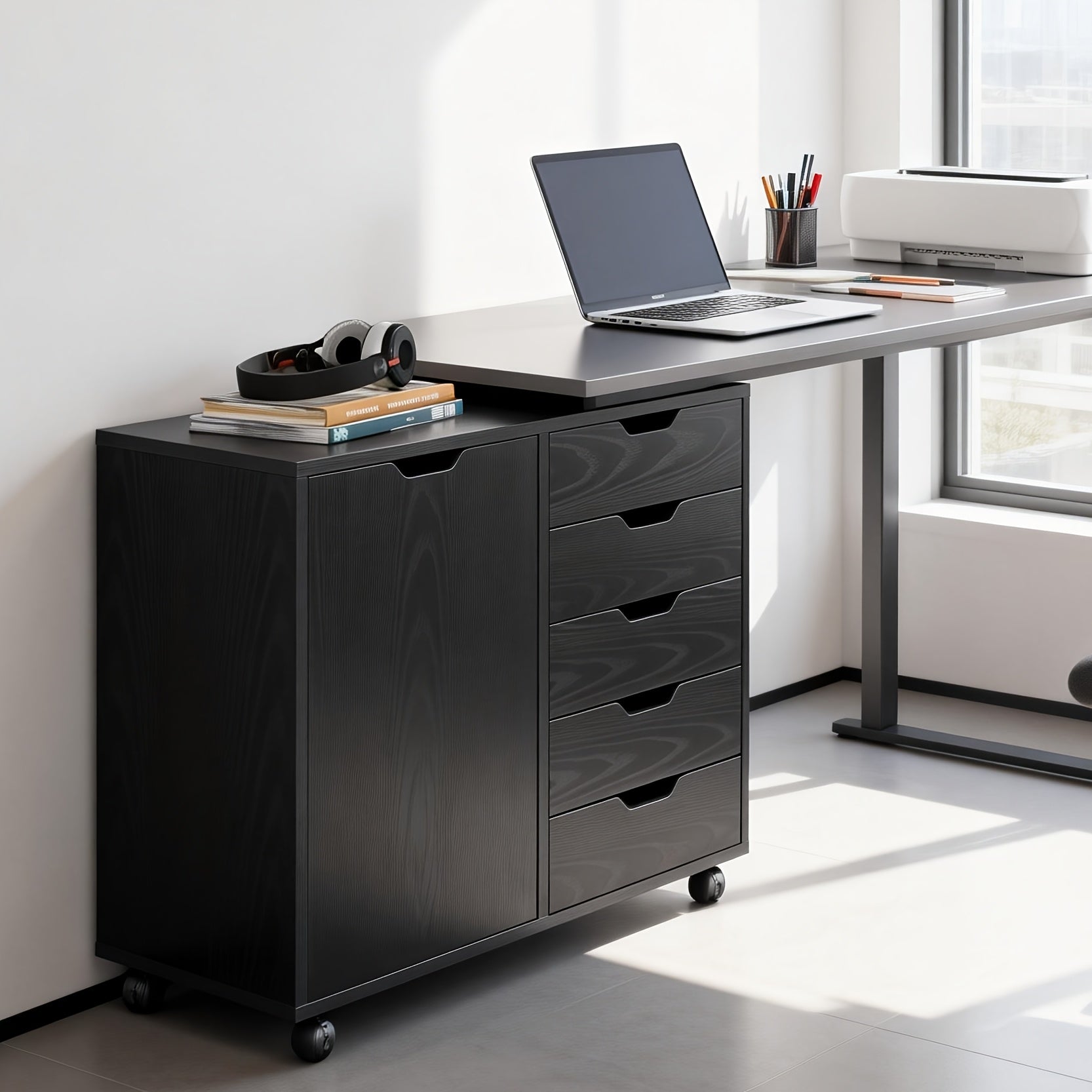 5-Drawer Wood File Cabinet with Wheels | Mobile Printer Stand with Adjustable Shelf & Storage Organizer for Home Office, Contemporary Style, Hardwood Material, OLIXIS Brand