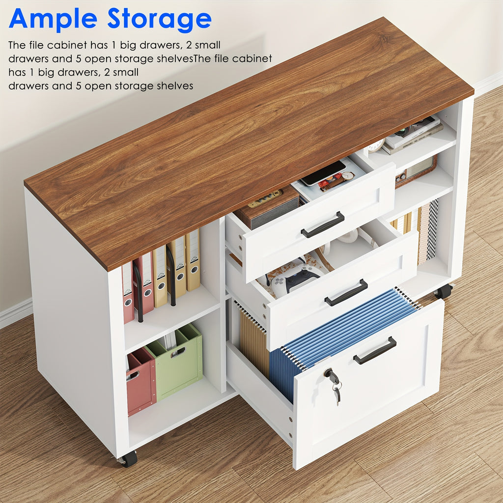 3 Drawer Wood Lateral File Cabinet with Lock, Rolling Mobile Filing Cabinet with Open Storage Shelves, Printer Stand Office Storage Cabinet for Home Office Fits Files Legal\u002FA4 Size