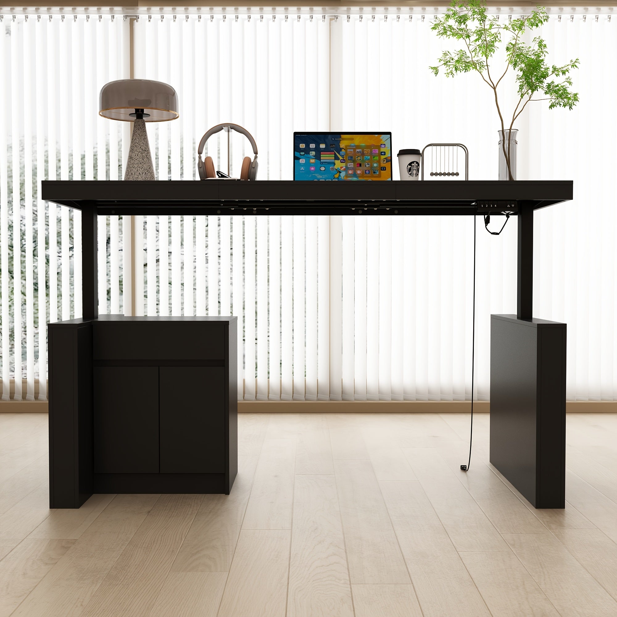 Modern Height-Adjustable Standing Desk with & Drawer - Executive Office Computer Desk Suitable for Small Spaces, Home Office, Study - Height Presets, Spacious Writing (Black)