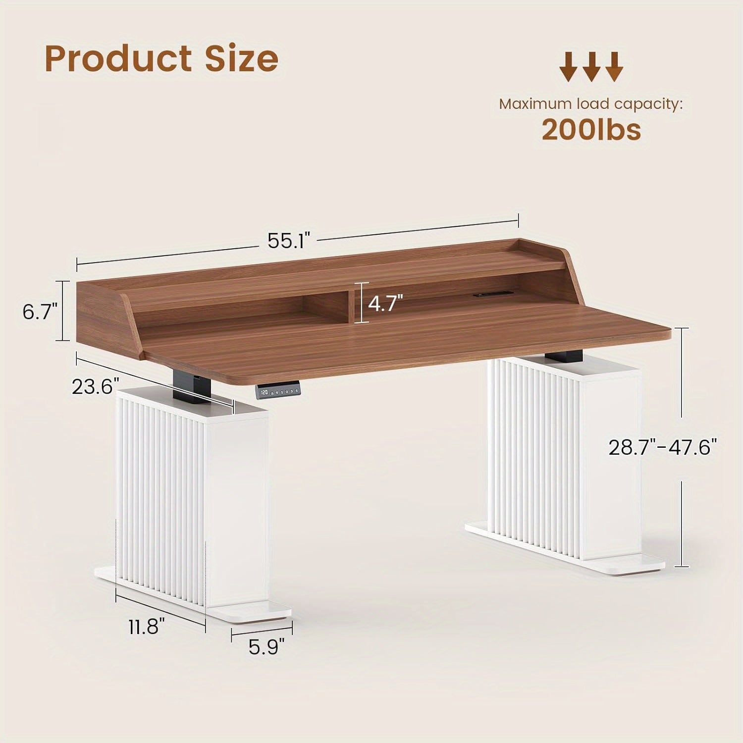 Height Adjustable Standing Desk with (No Wood) - 55” Modern Farmhouse Home Office Computer Desk, Built-in Power Outlets (4-Port Station &), LED & Monitor\u002FLaptop Shelf, White\u002FBrown, Memory Presets,