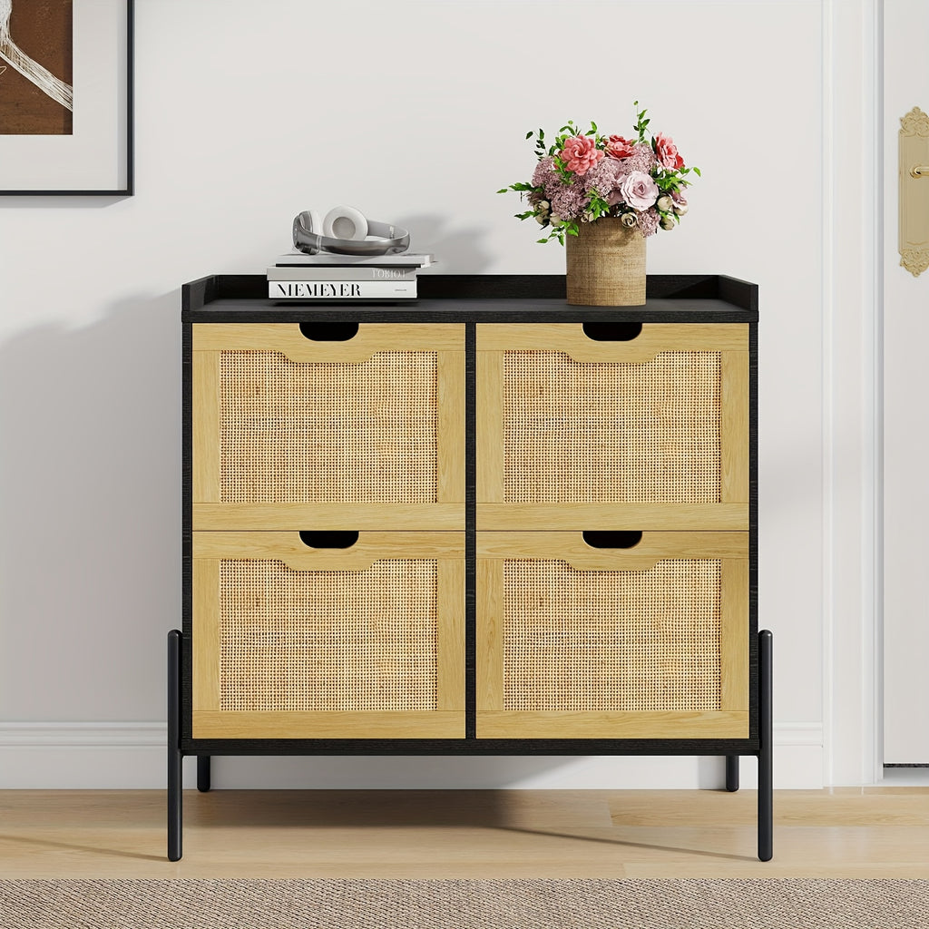 Contemporary Filing Cabinet Featuring Four Rattan Drawers, a Wooden Lateral Design Equipped with Hanging File Folders And Four Legs, Serving As a Rustic Storage Solution And Printer Stand for a for home Office