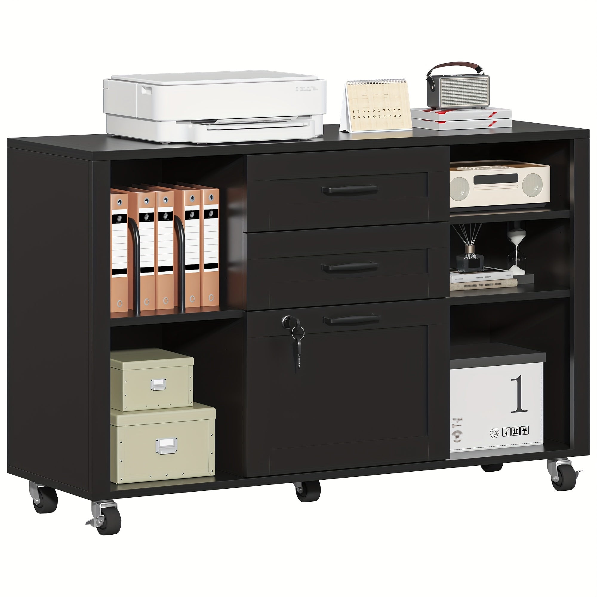 3 Drawer Wood Lateral File Cabinet with Lock, Rolling Mobile Filing Cabinet with Open Storage Shelves, Printer Stand Office Storage Cabinet for Home Office Fits Files Legal\u002FA4 Size