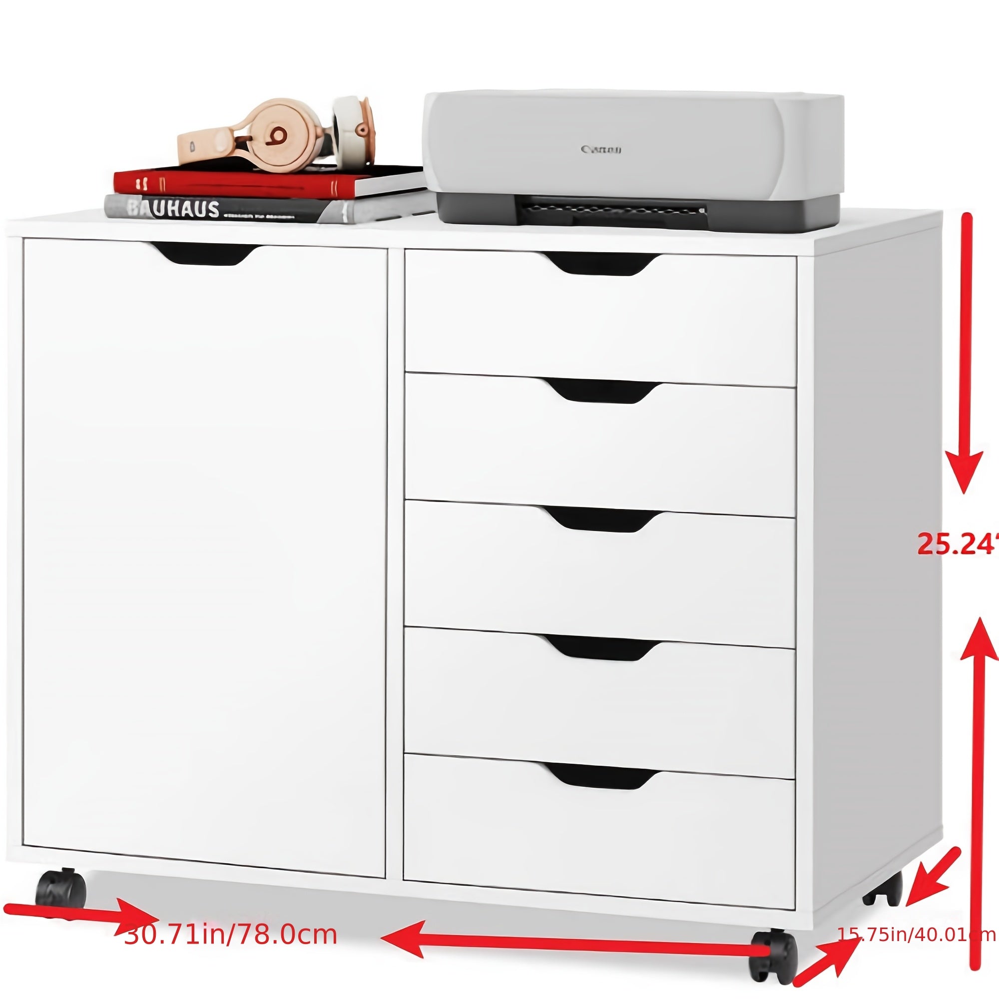 5-Drawer Wood File Cabinet with Wheels | Mobile Printer Stand with Adjustable Shelf & Storage Organizer for Home Office, Contemporary Style, Hardwood Material, OLIXIS Brand