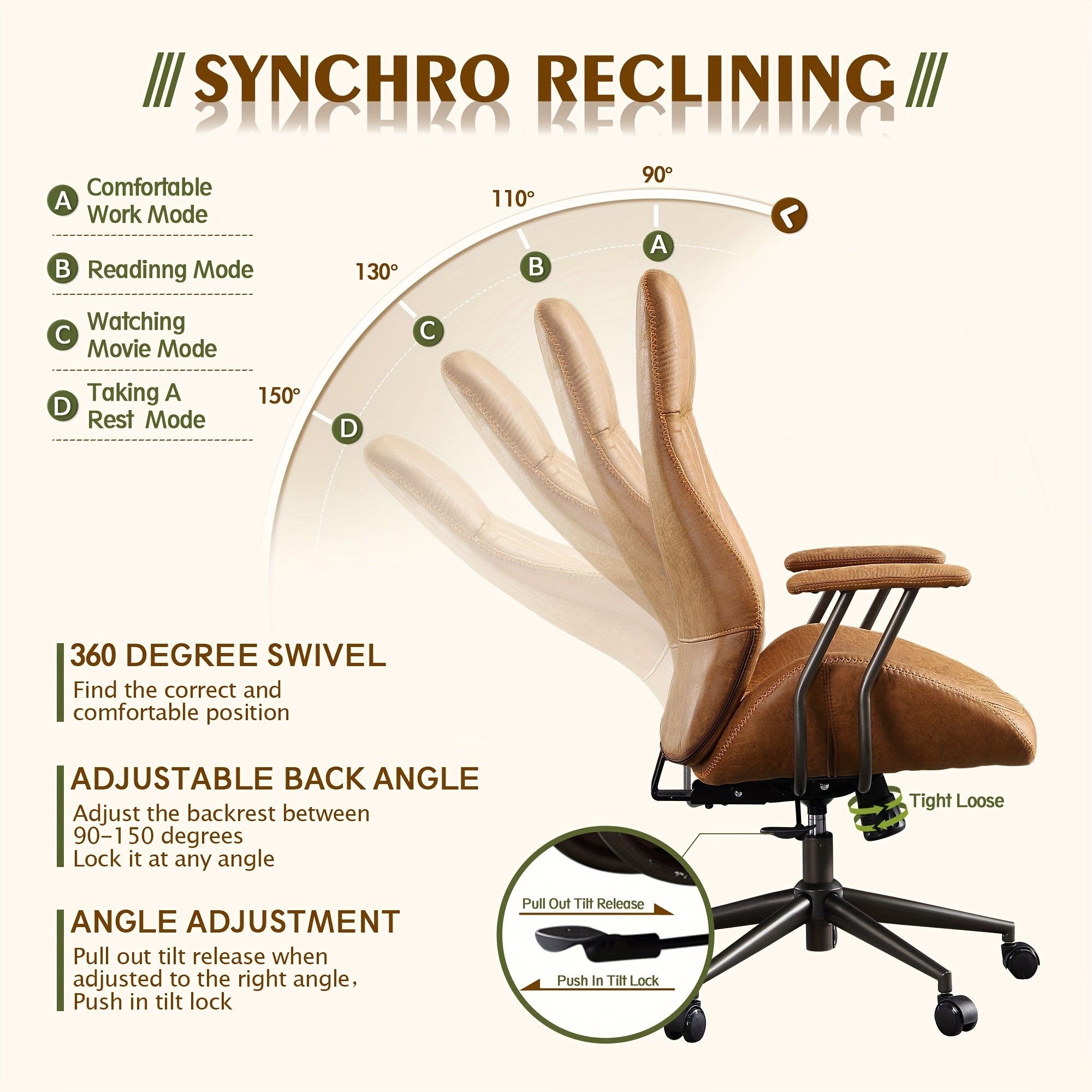 Ergonomic Office Chair with Adjustable Height, High Back Swivel Rolling Computer Chair for Home Office, Vintage Suede Fabric Executive Desk Chair with Comfortable Armrests and Lumbar Support