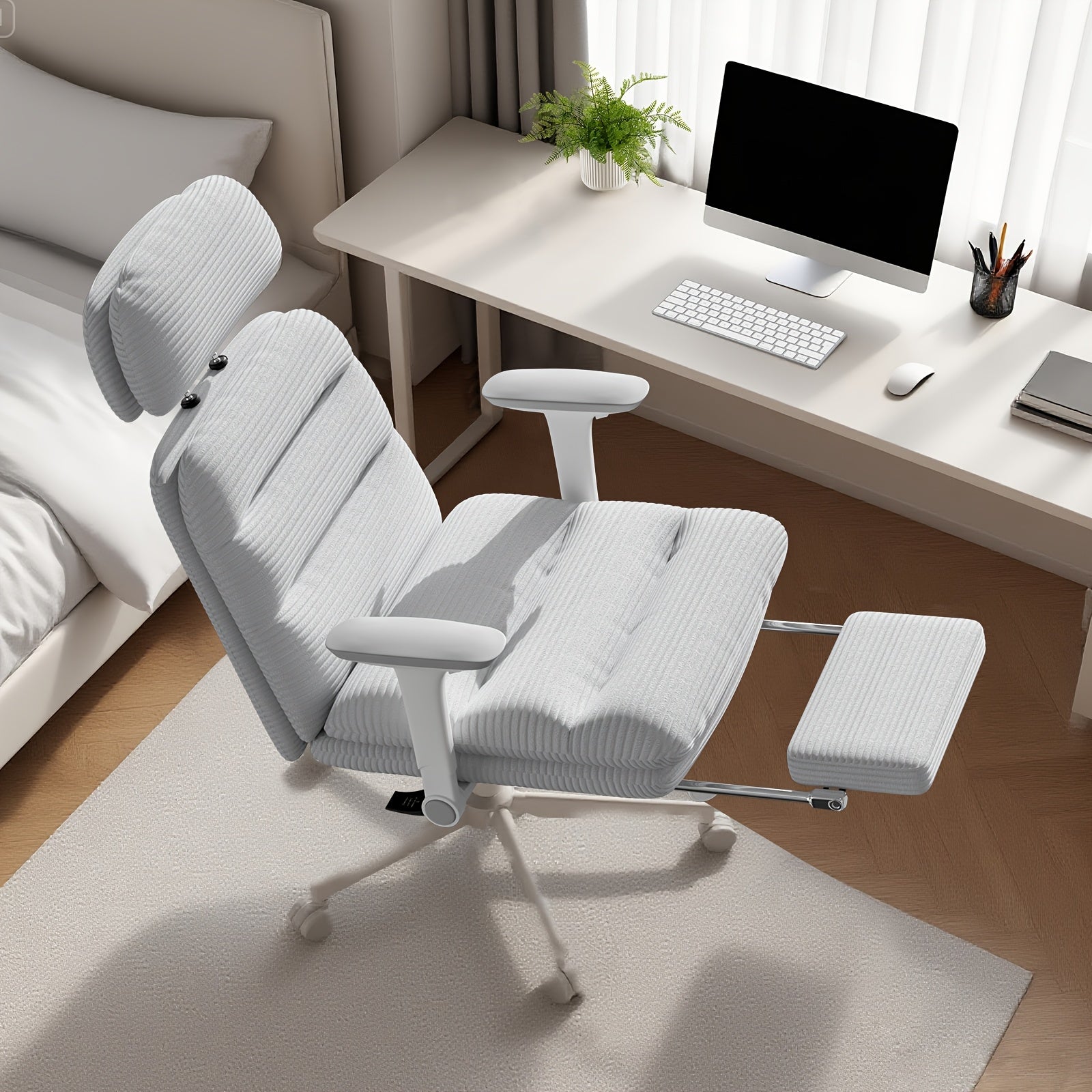 Ergonomic Swivel Office Chair with a High Back, Made of Corduroy, Featuring an Adjustable Headrest, 4D Armrests, a Tilting Backrest, And a Retractable Footrest, Ideal for Home Office Tasks