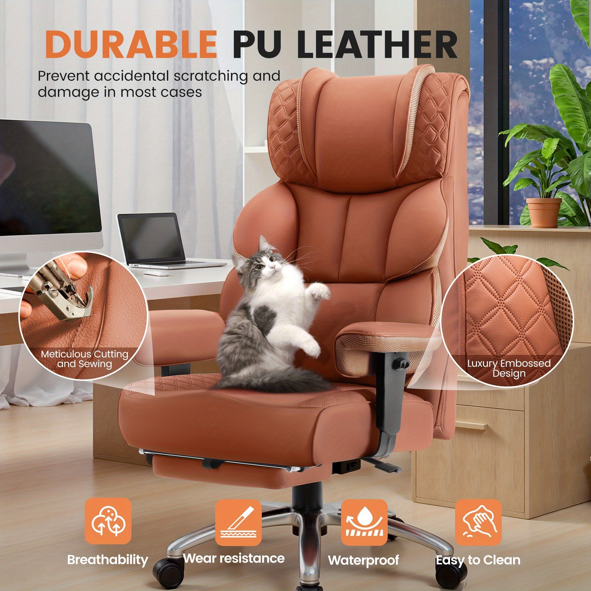 KERDOM Large Office Desk Chair Gaming Chair with Footrest, Swivel High Back Executive Reclining Computer Chair, Padded Lumbar Support, Widened & Thickened Ergonomic Seat, Lifting Armrests Height Adjustable, 400 Lbs Capacity, Anti-Scratch PU Leather