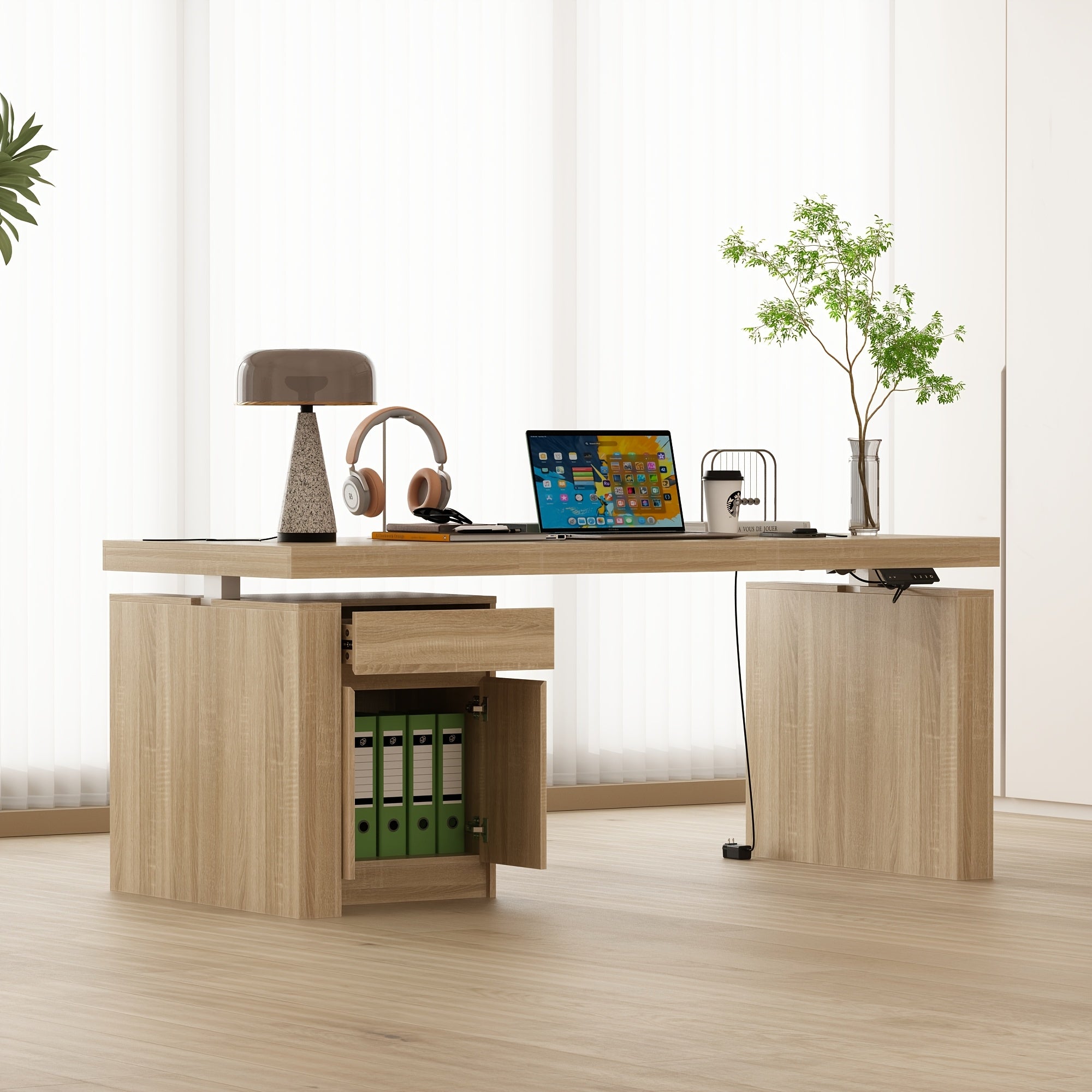 Modern Height-Adjustable Standing Desk with & Drawer - Executive Office Computer Desk Suitable for Small Spaces, Home Office, Study - Height Presets, Spacious Writing (Black)