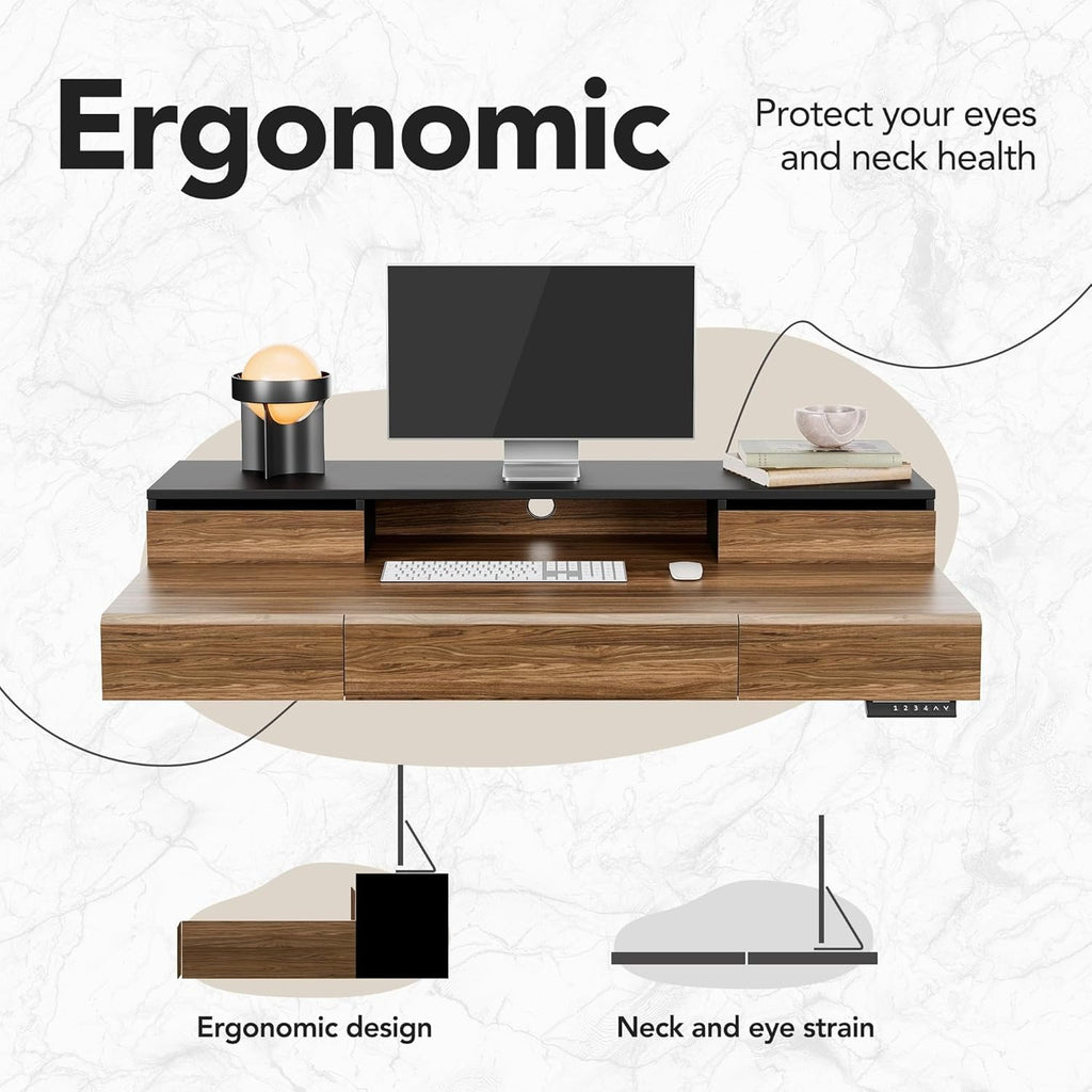 Electric Standing Desk with Drawers | 48 Inches Height Adjustable, Monitor Shelf, Whole-Piece Board, 4 Memory Height Settings, Classic Wood Color, PERLECARE