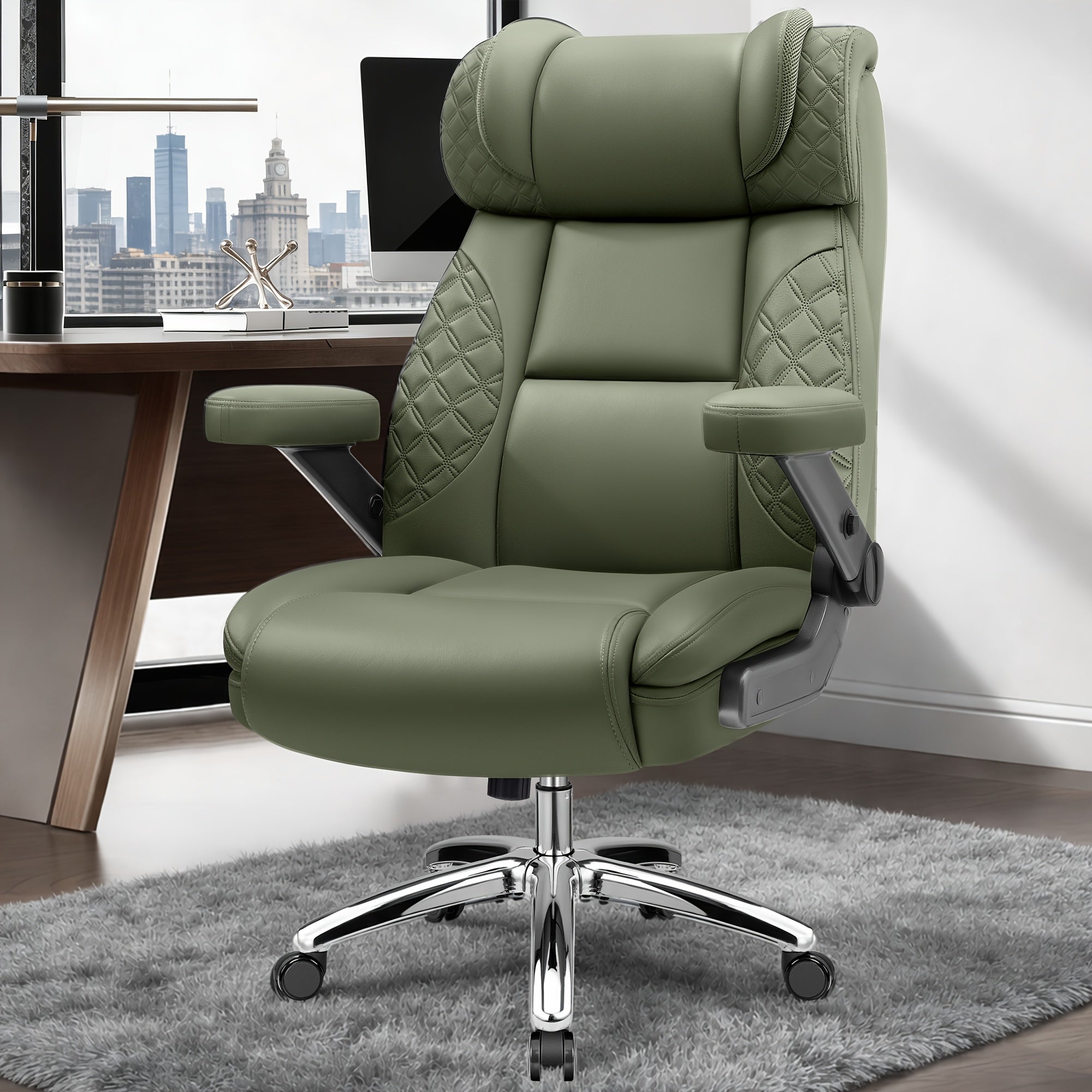 KERDOM Big Tall Ergonomic Office Chair with Air-Pumb Lumbar Support, 500lbs Capacity Executive Desk Chair for Heavy People, Manager Boss Wide Seat Computer Chair, PU Leather High Back Gaming Chair with 5D Adjustable Flip Armrests, Recline Function