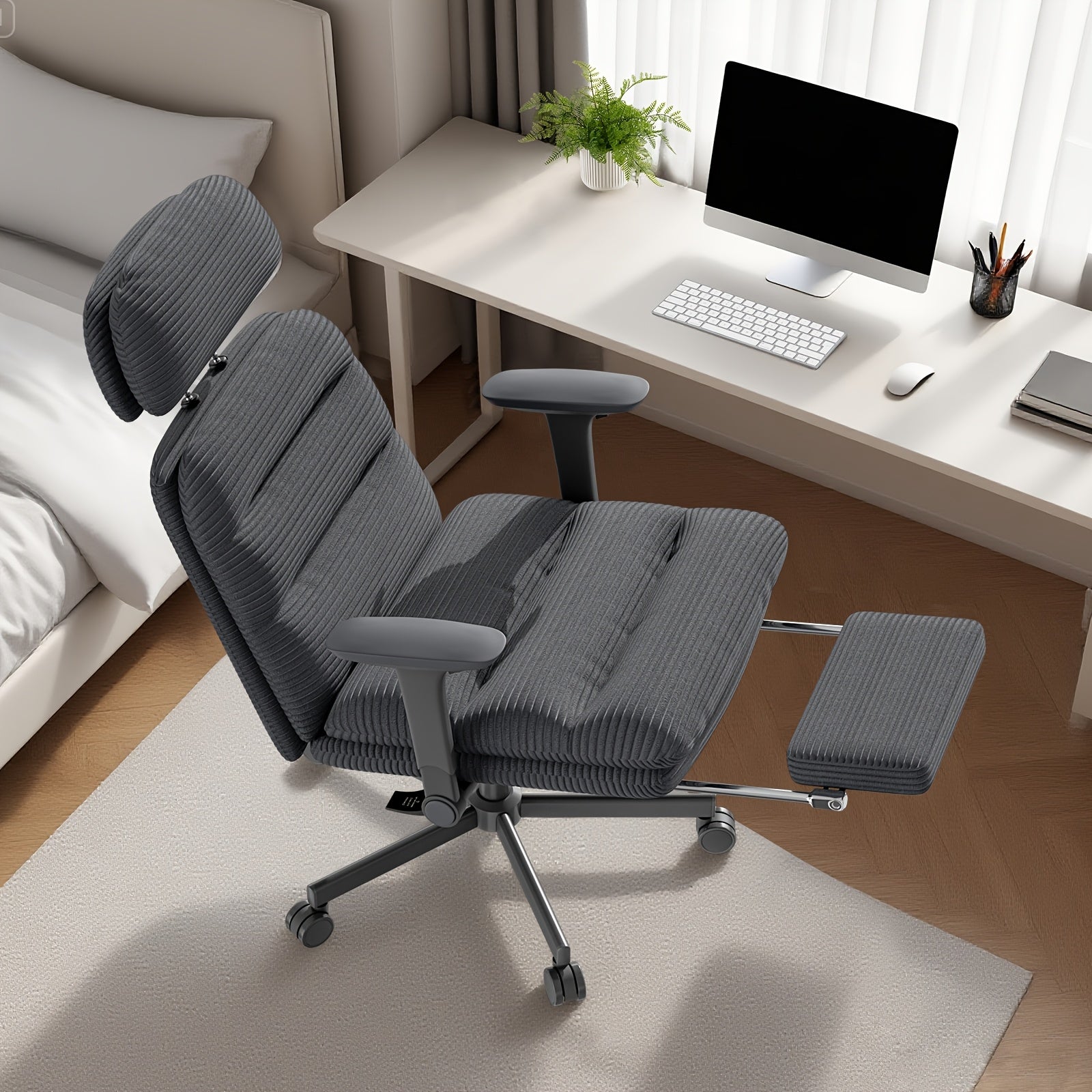 Ergonomic Swivel Office Chair with a High Back, Made of Corduroy, Featuring an Adjustable Headrest, 4D Armrests, a Tilting Backrest, And a Retractable Footrest, Ideal for Home Office Tasks