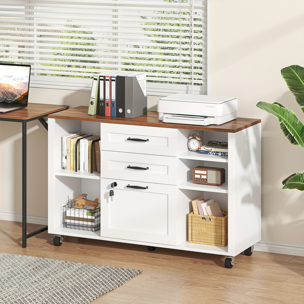 3 Drawer Wood Lateral File Cabinet with Lock, Rolling Mobile Filing Cabinet with Open Storage Shelves, Printer Stand Office Storage Cabinet for Home Office Fits Files Legal\u002FA4 Size
