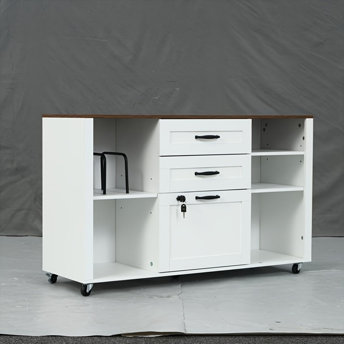 Mobile Filing Cabinet on Wheels Featuring Open Storage Shelves, a Wooden Lateral File Cabinet with Three Drawers And a Lock, And a Printer Stand Designed for Home Office Use, Accommodating Legal And A4 Size Files