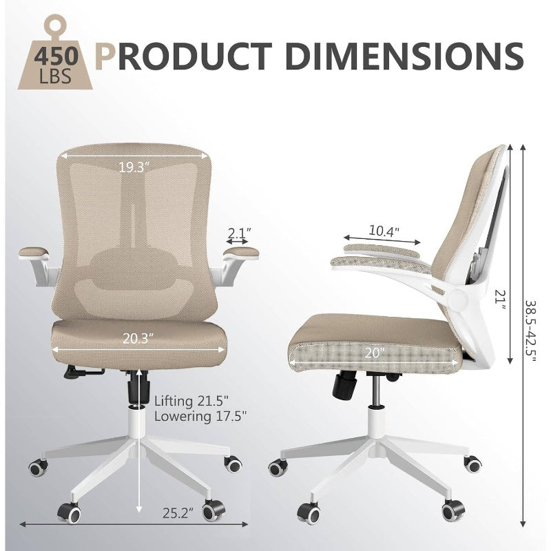 Ergonomic Office Chair with Lumbar Support, High Back Mesh Desk Chair with Flip - Up Arms, Adjustable Computer Task Chair, Khaki