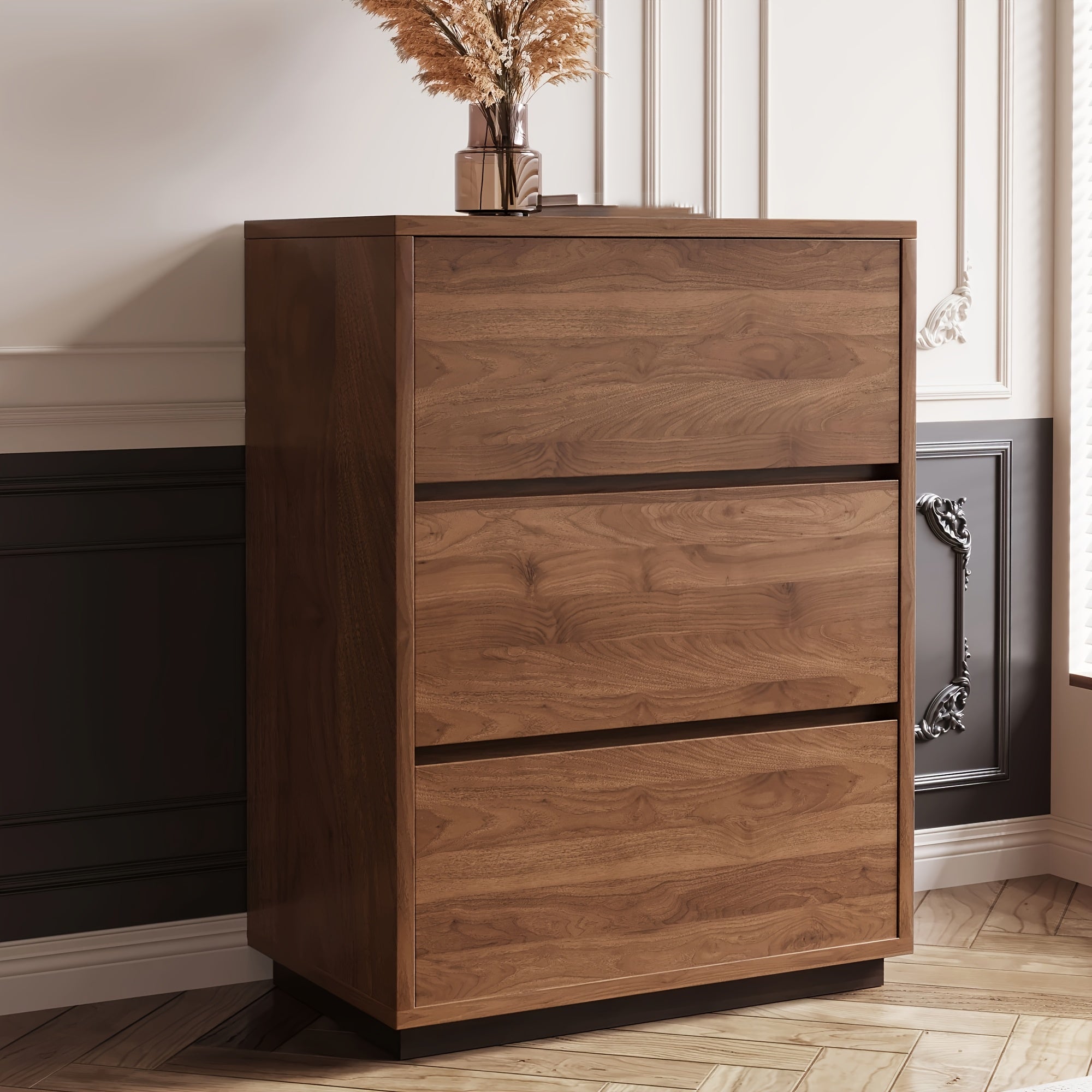Natural Wood 3-Drawer Storage Cabinet, 32.5 Inches Stable & Sturdy Modern Organizer for Entryway, Home Or Apartment Use