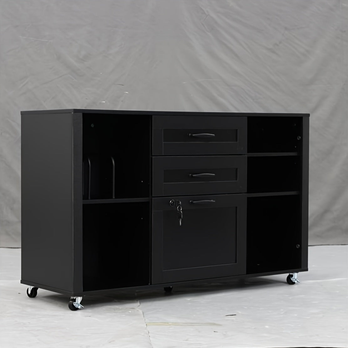 Mobile Filing Cabinet on Wheels Featuring Open Storage Shelves, a Wooden Lateral File Cabinet with Three Drawers And a Lock, And a Printer Stand Designed for Home Office Use, Accommodating Legal And A4 Size Files