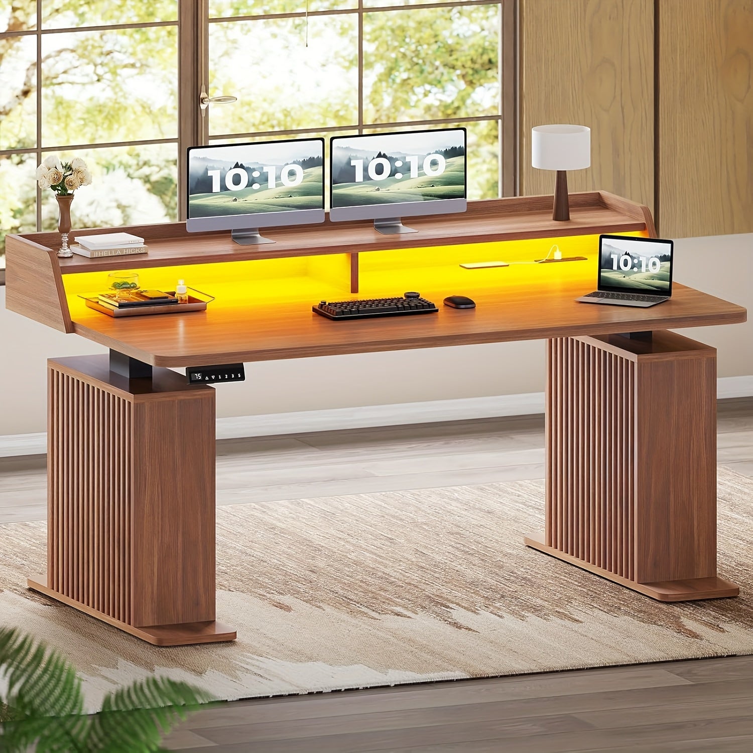 Height Adjustable Standing Desk with (No Wood) - 55” Modern Farmhouse Home Office Computer Desk, Built-in Power Outlets (4-Port Station &), LED & Monitor\u002FLaptop Shelf, White\u002FBrown, Memory Presets,