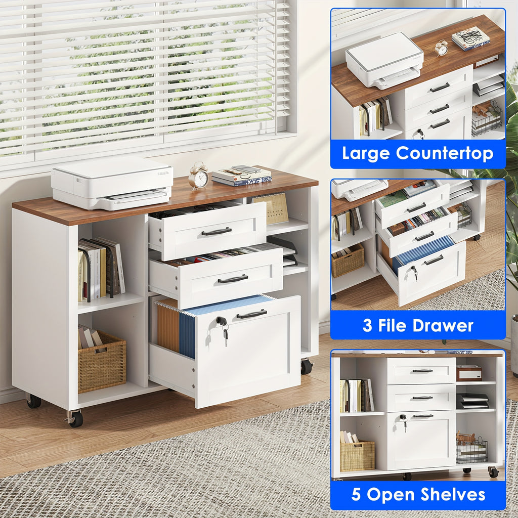 3 Drawer Wood Lateral File Cabinet with Lock, Rolling Mobile Filing Cabinet with Open Storage Shelves, Printer Stand Office Storage Cabinet for Home Office Fits Files Legal\u002FA4 Size