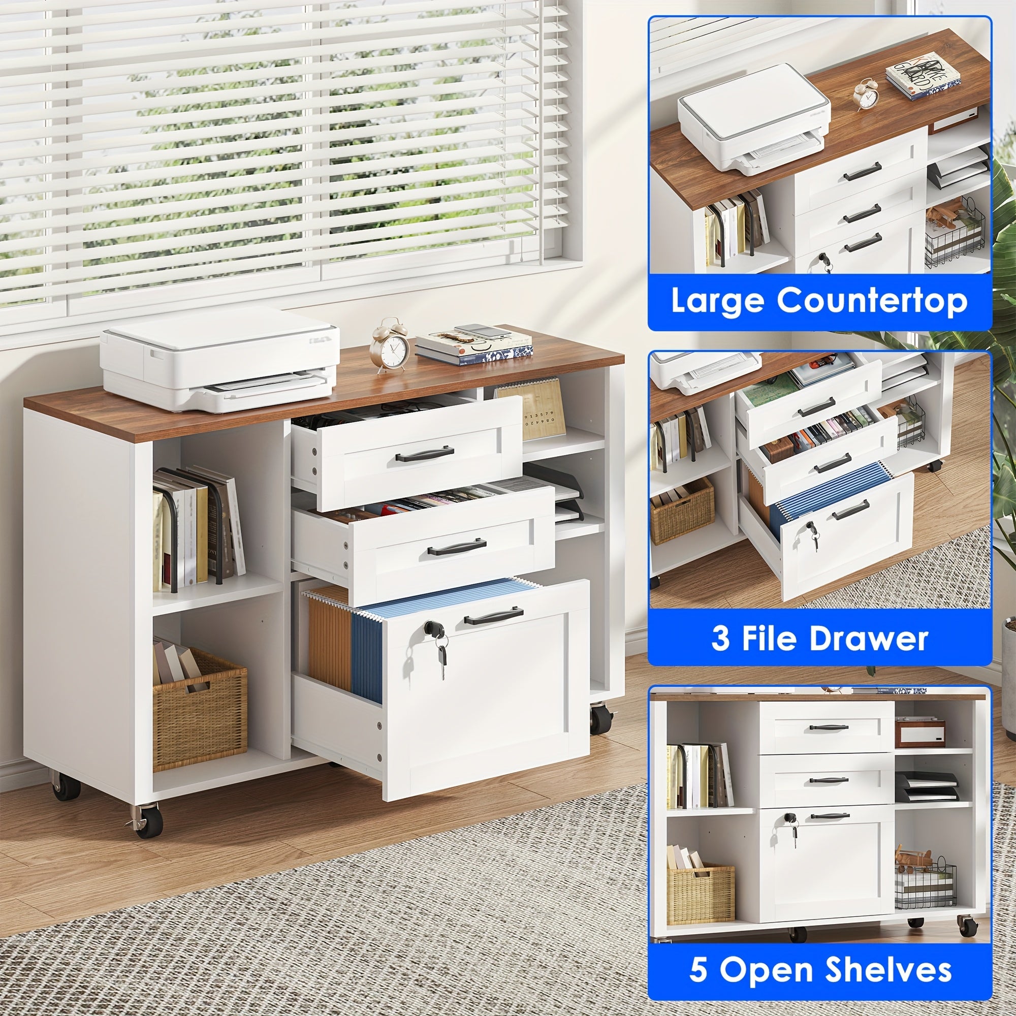 3 Drawer Wood Lateral File Cabinet with Lock, Rolling Mobile Filing Cabinet with Open Storage Shelves, Printer Stand Office Storage Cabinet for Home Office Fits Files Legal\u002FA4 Size
